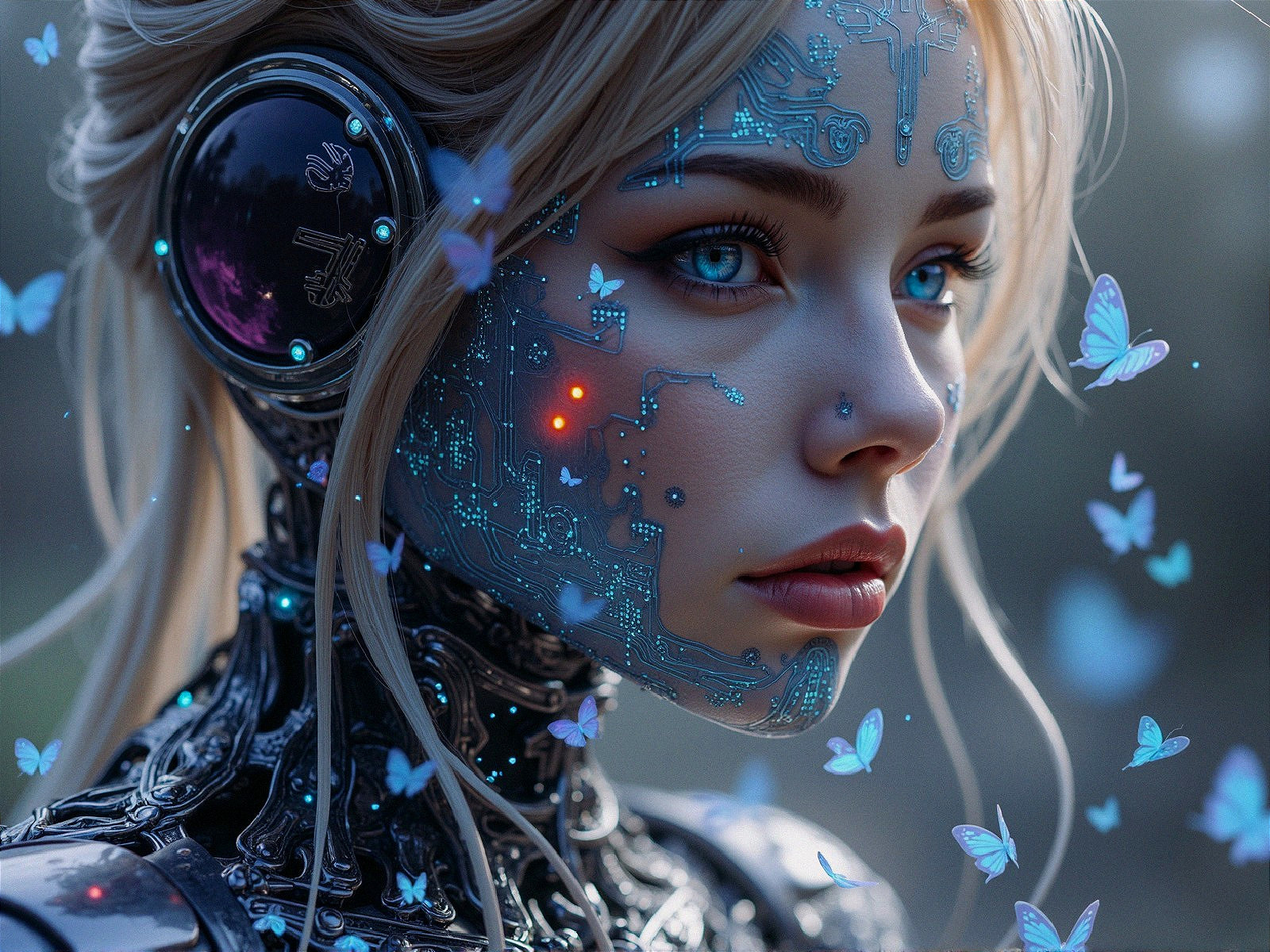 Futuristic humanoid figure with circuitry and butterflies