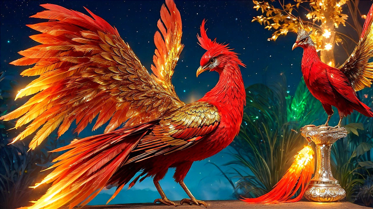 Majestic phoenix with vibrant feathers on ornate pedestal