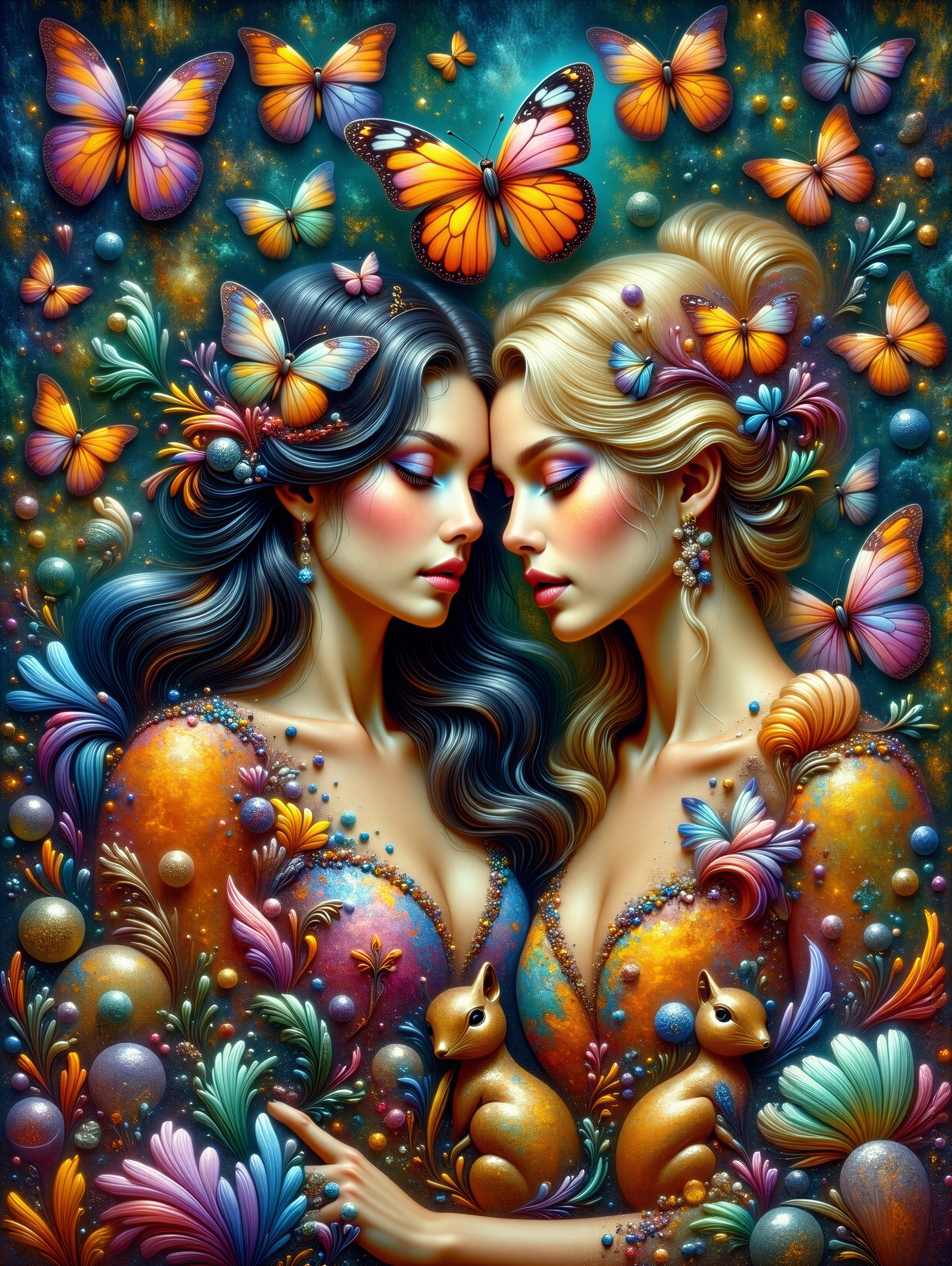 Ethereal Women with Butterflies and Playful Rabbits