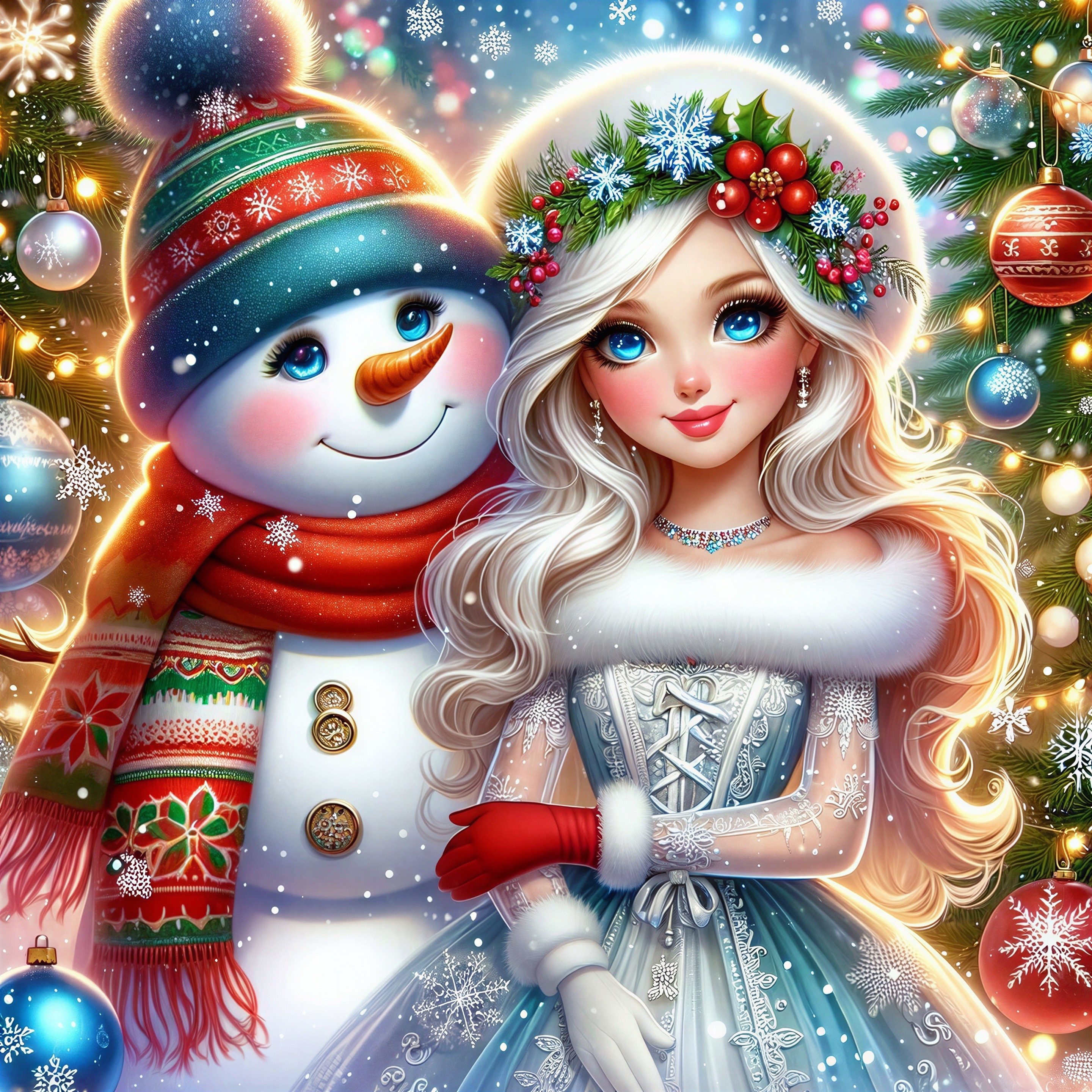 Whimsical Winter Scene with Snowman and Festive Decor