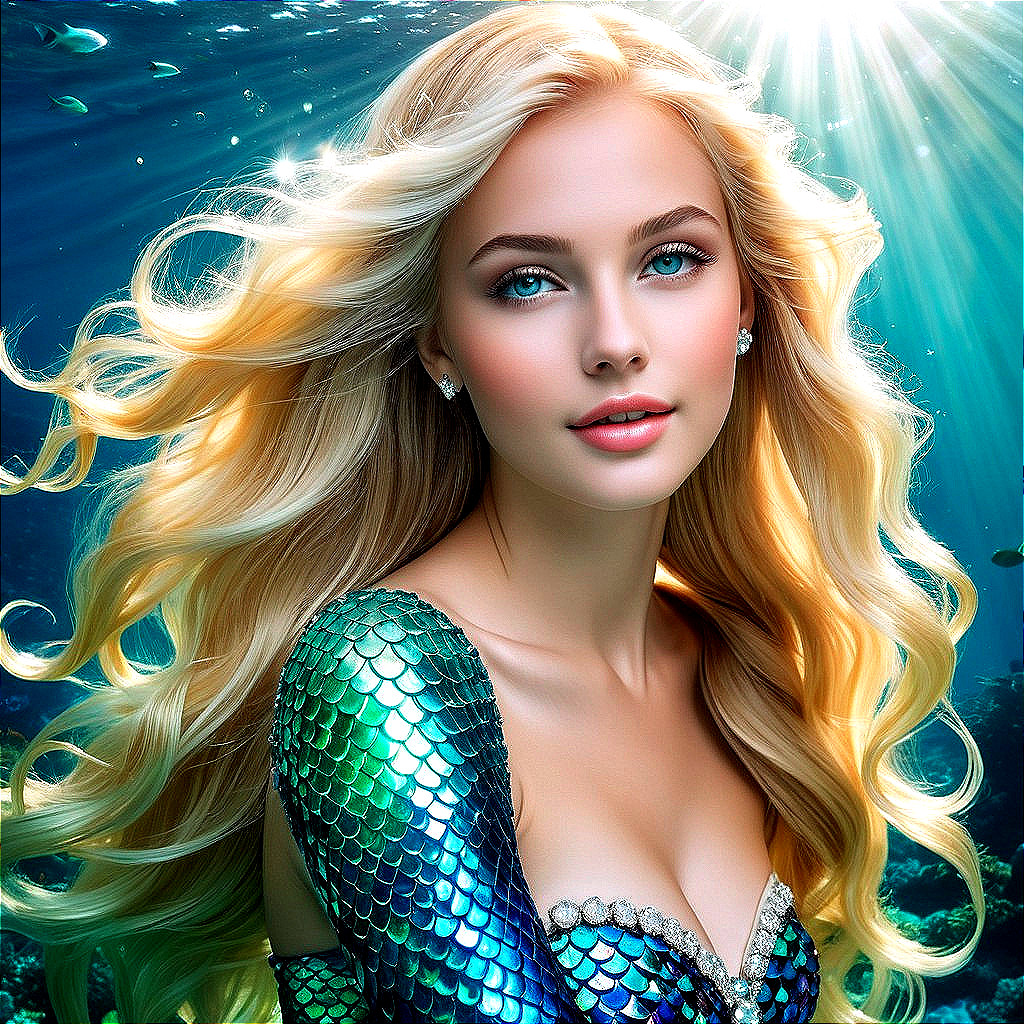 Underwater Scene with Mermaid-Like Young Woman