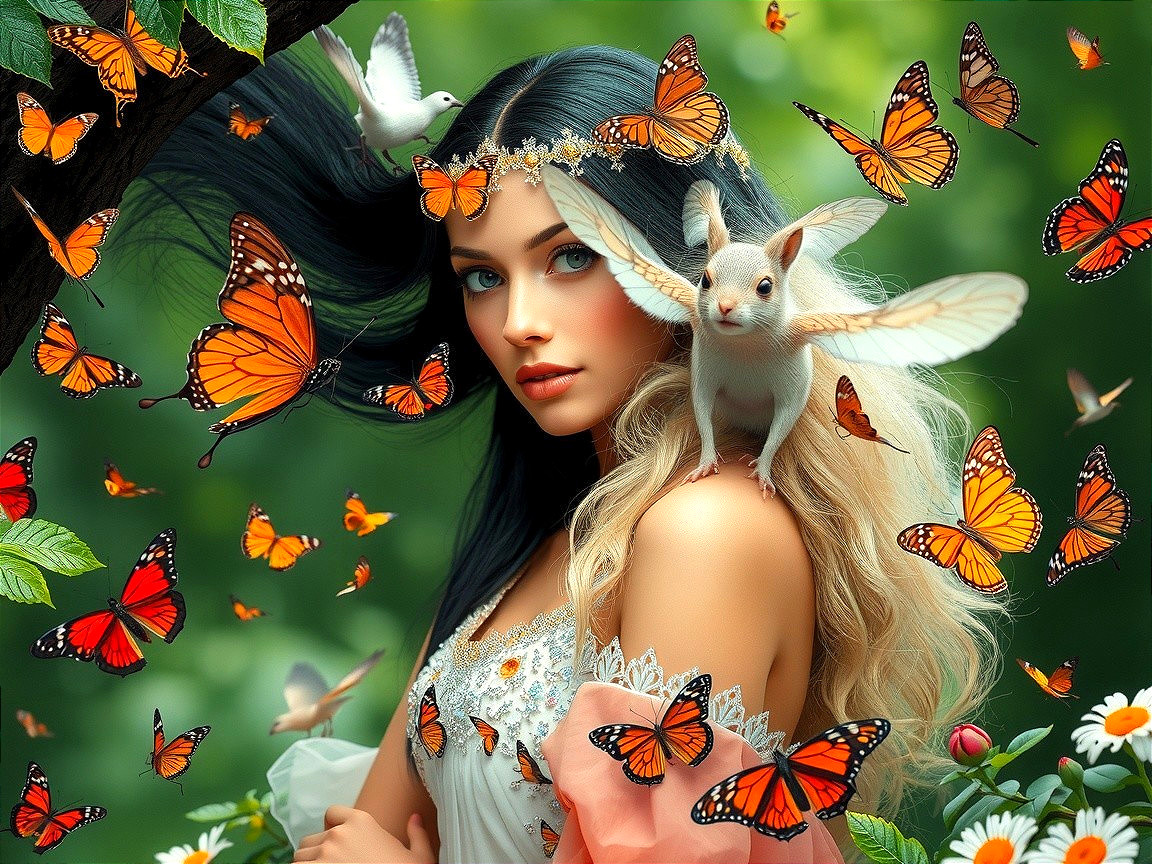 Mystical Woman Surrounded by Butterflies and Nature