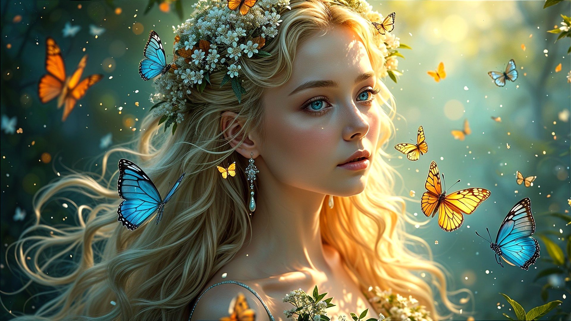 Blonde Woman Surrounded by Butterflies in Forest Glow