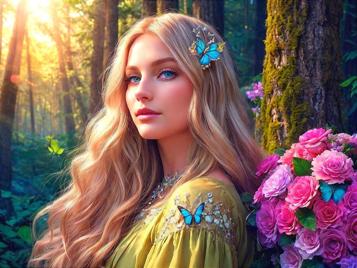 Young woman in yellow gown with pink roses in forest