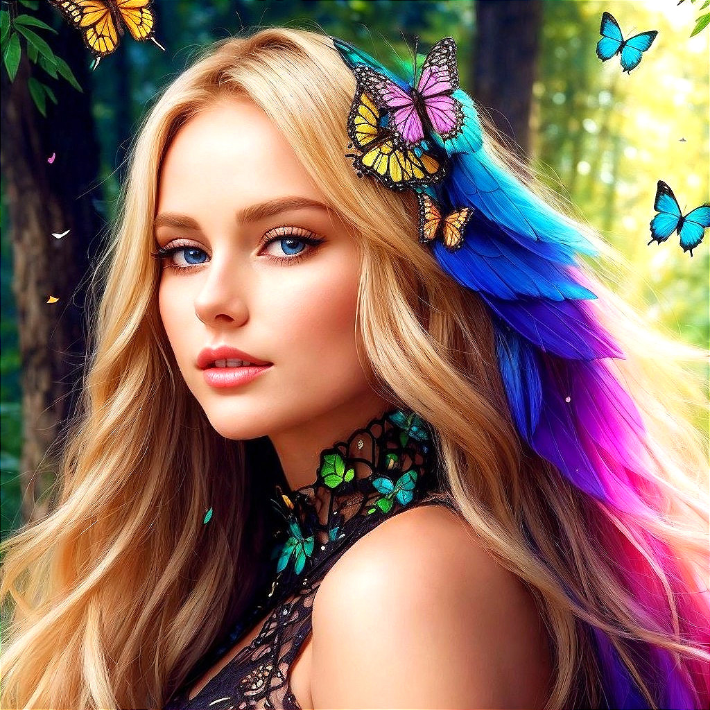 Young woman with blonde hair and colorful feathers in forest