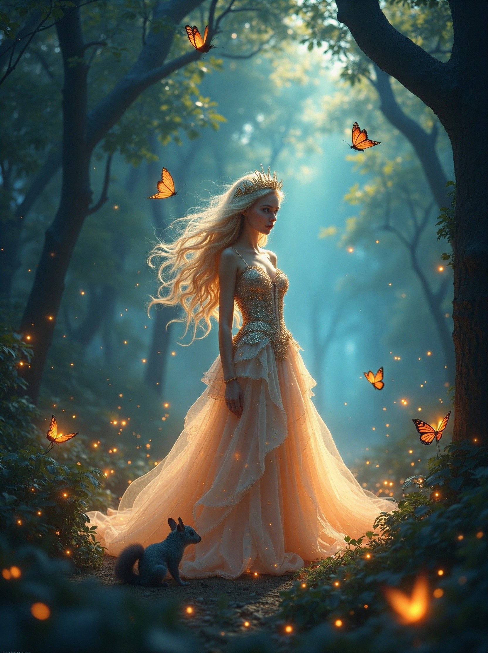 Enchanted Forest Scene with Graceful Figure and Light