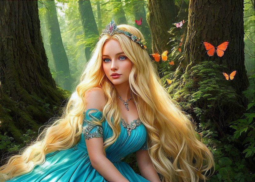 Princess in Enchanted Forest with Butterflies and Sunlight