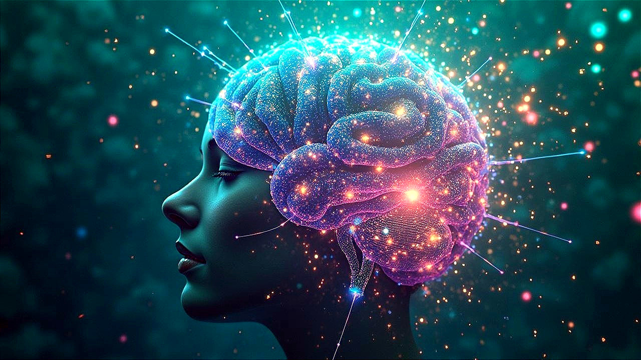 Surreal Human Silhouette with Luminous Brain Visualization