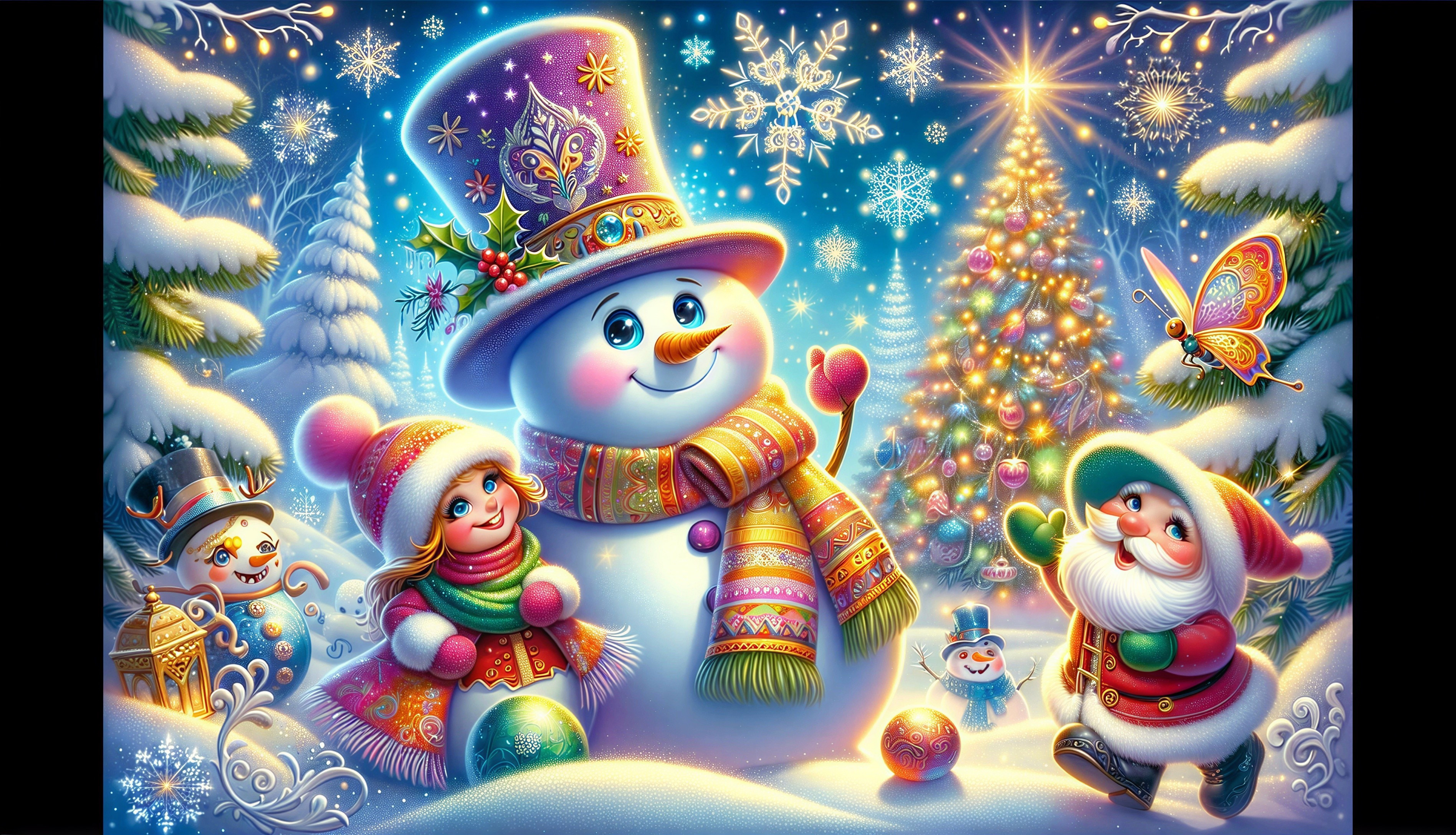 Whimsical Winter Scene with Snowman and Festive Characters