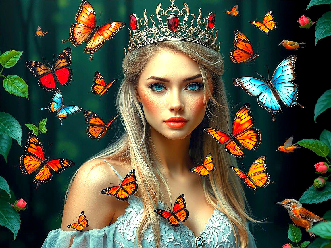 Serene young woman with jeweled crown and butterflies