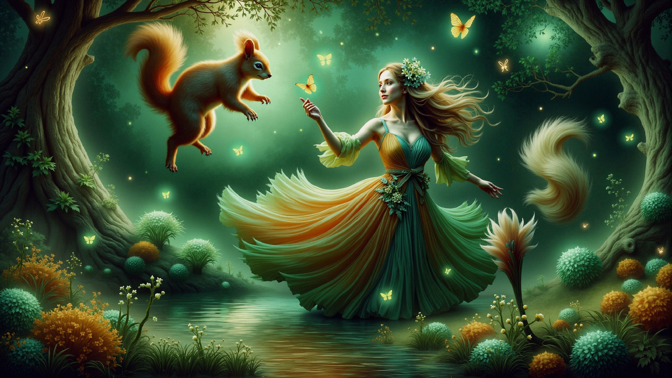 Magical forest scene with woman and playful squirrel