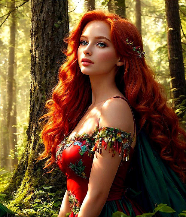 Young Woman in Nature-Inspired Gown in Forest Scene
