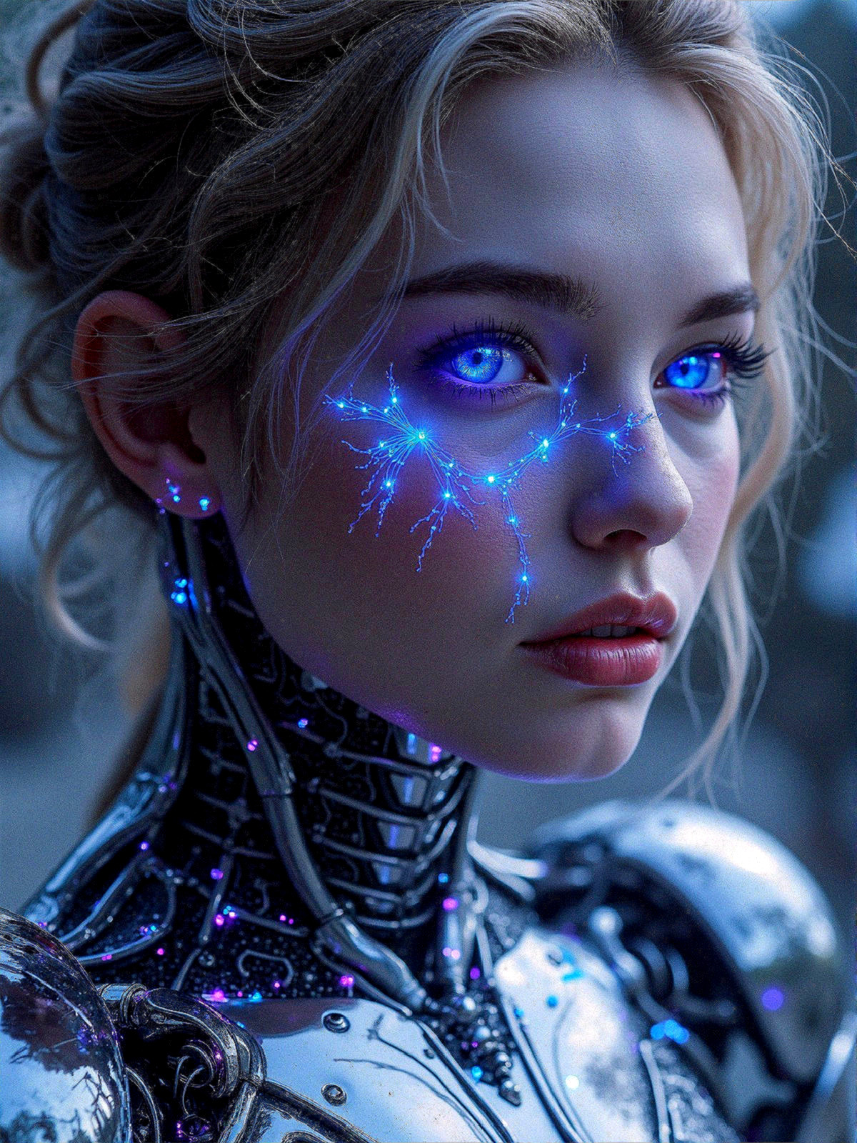 Futuristic humanoid figure with metallic skin and circuitry