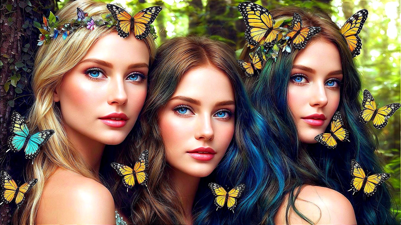 Young women with striking blue eyes in a forest setting