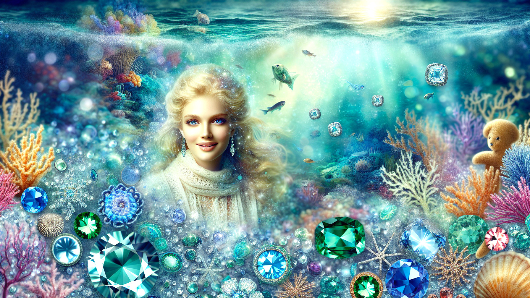 Underwater Scene with Blonde Figure and Colorful Corals