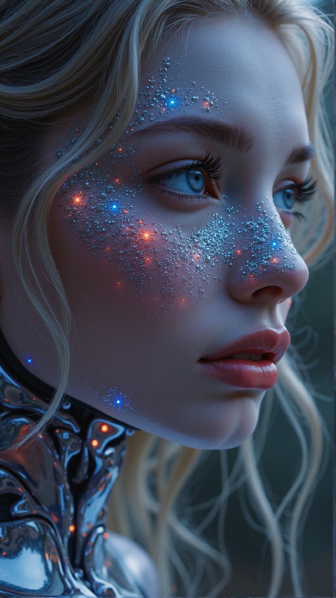 Close-up of a young woman with blue eyes and glitter