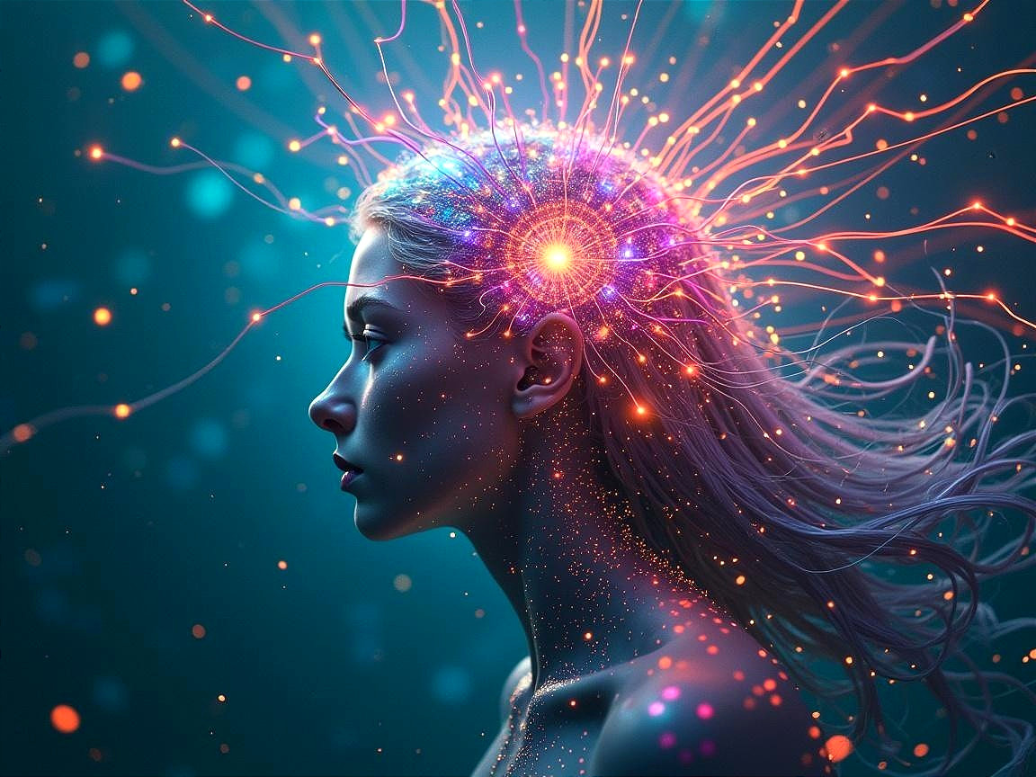 Profile of a Woman with Colorful Light and Orbs