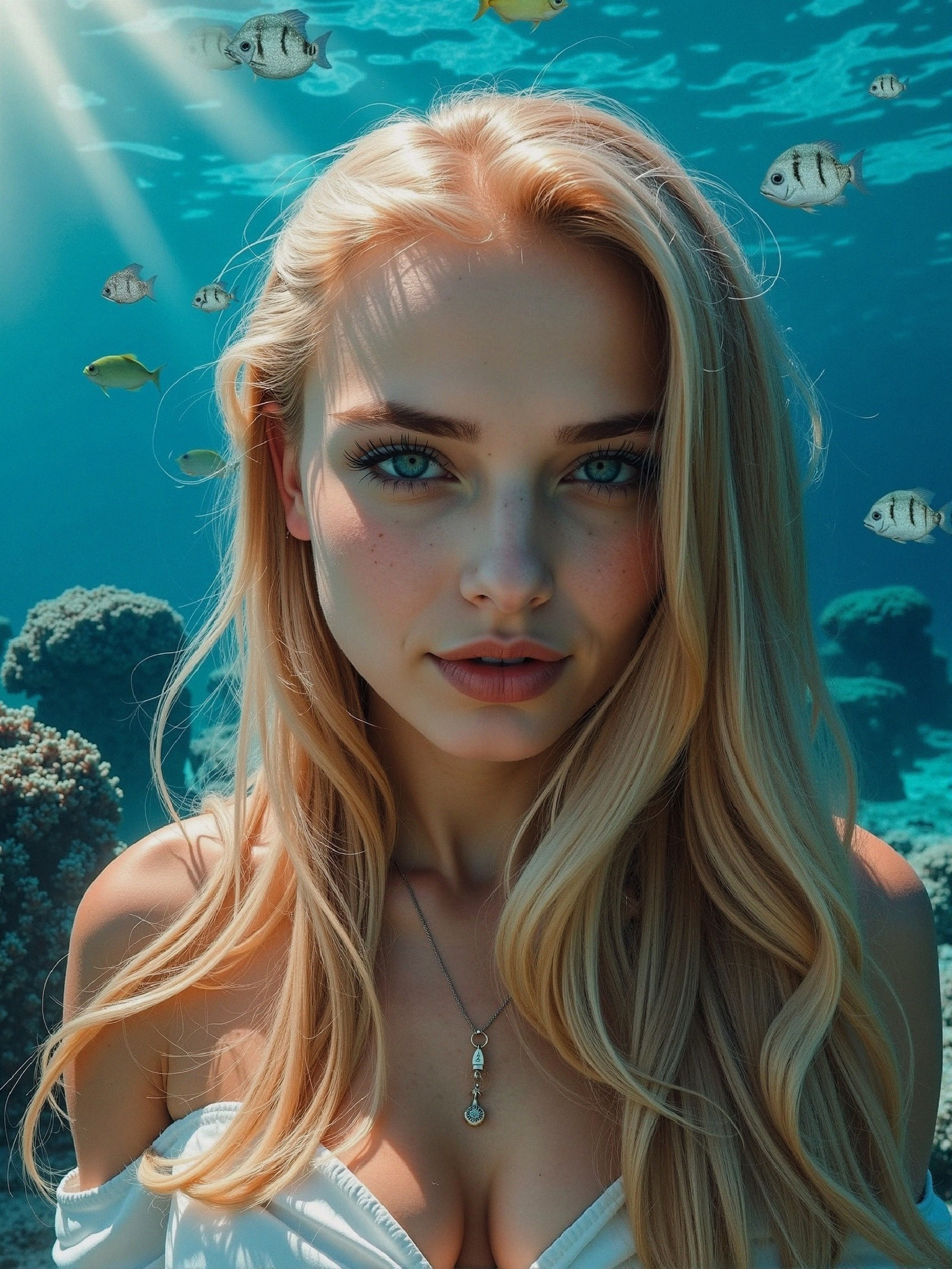 Underwater Scene with Woman and Colorful Marine Life
