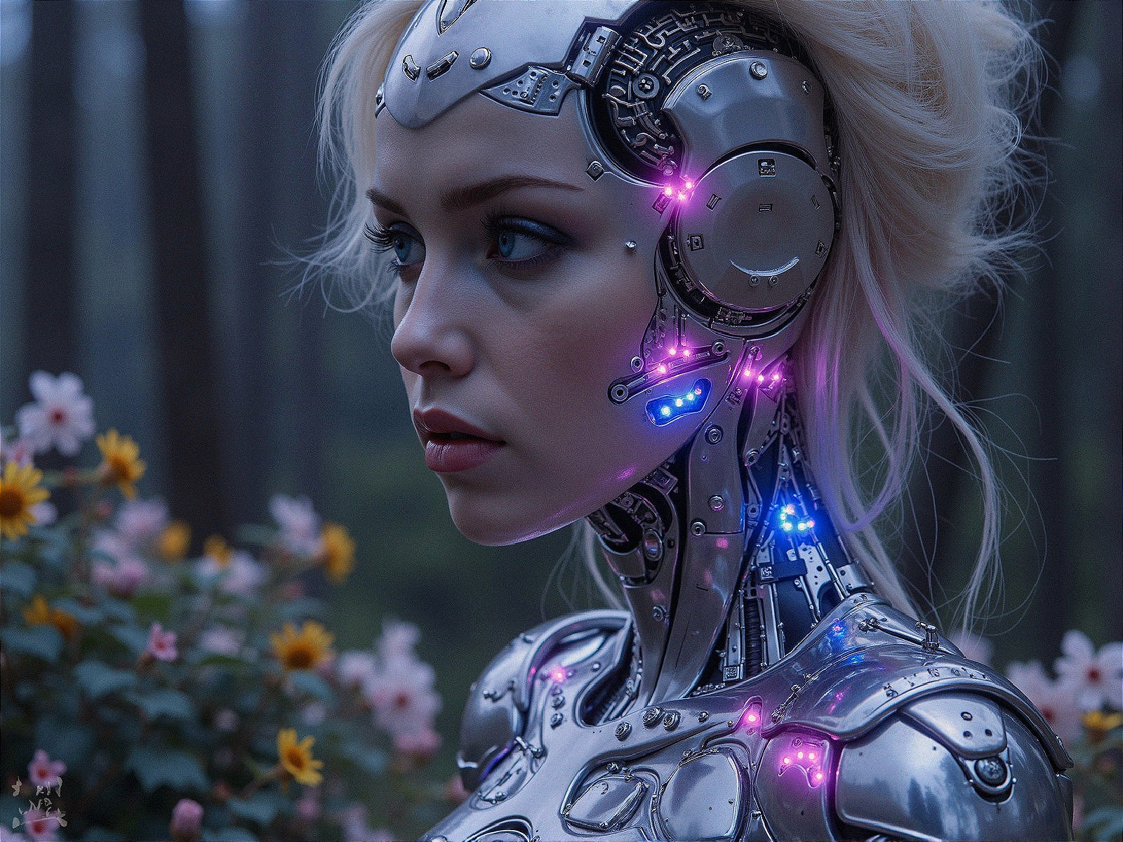 Futuristic Female Robot in Serene Forest Setting