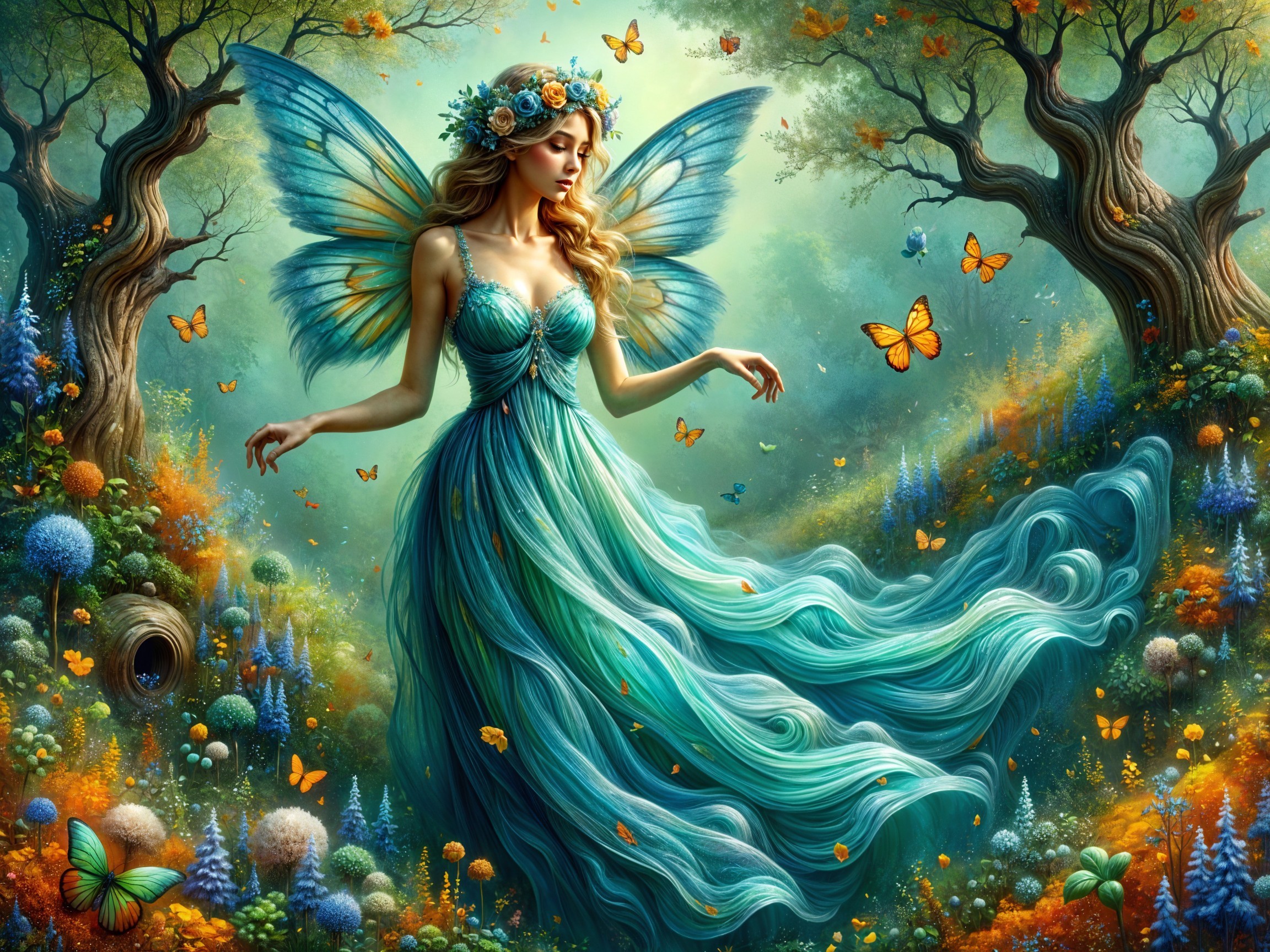 Fairy with Iridescent Wings in a Vibrant Forest