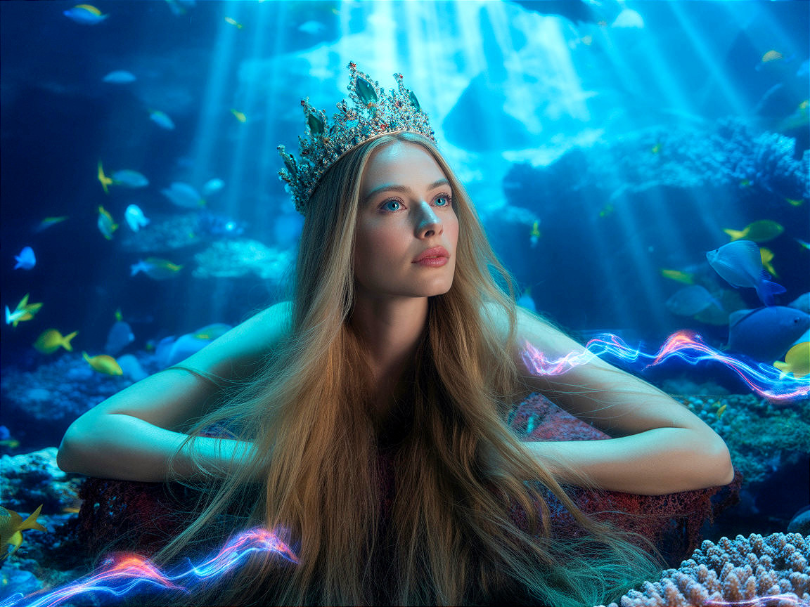 Underwater Scene of a Woman with a Sparkling Crown