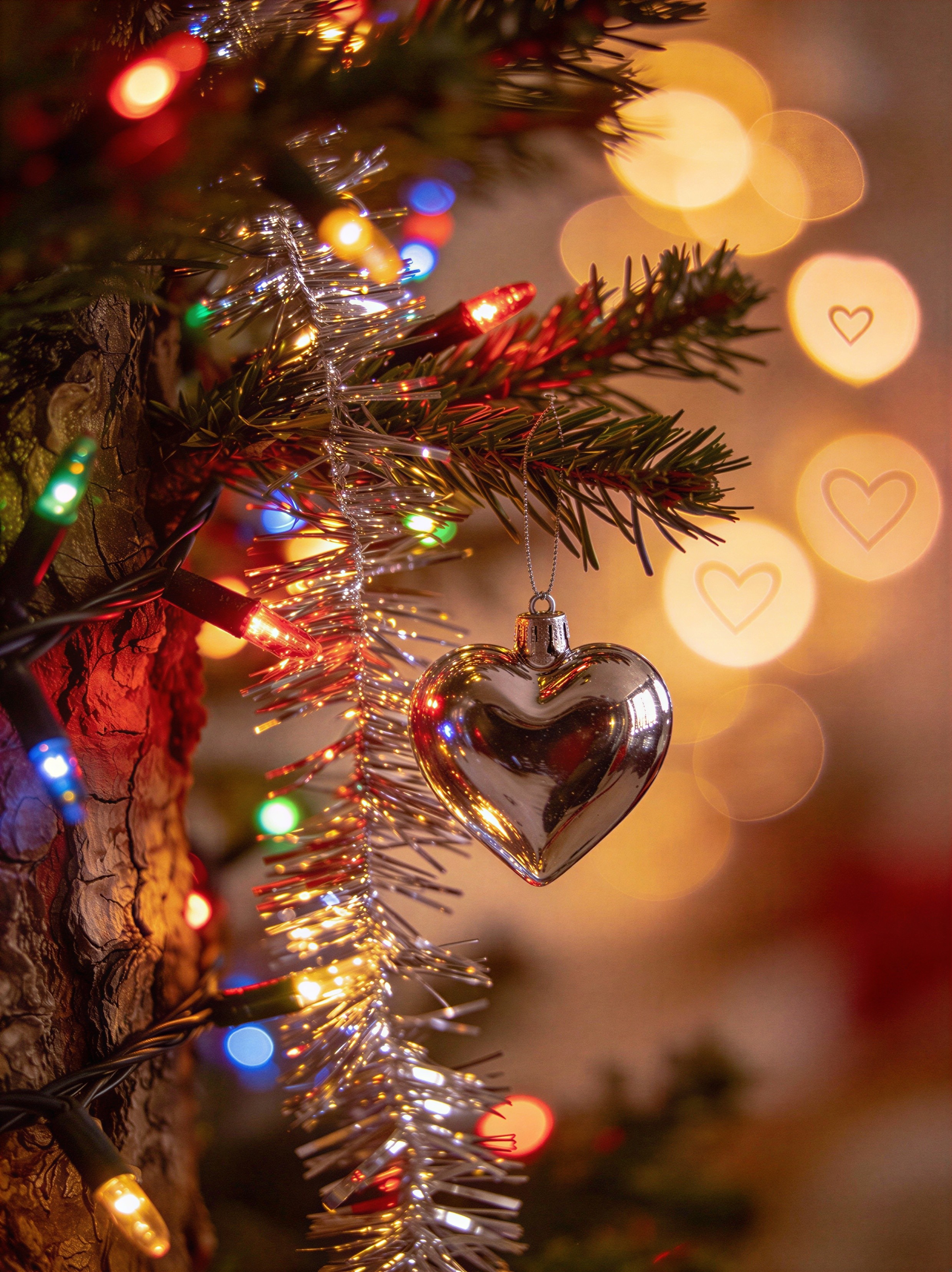 Close-Up of Christmas Tree with Fairy Lights and Tinsel