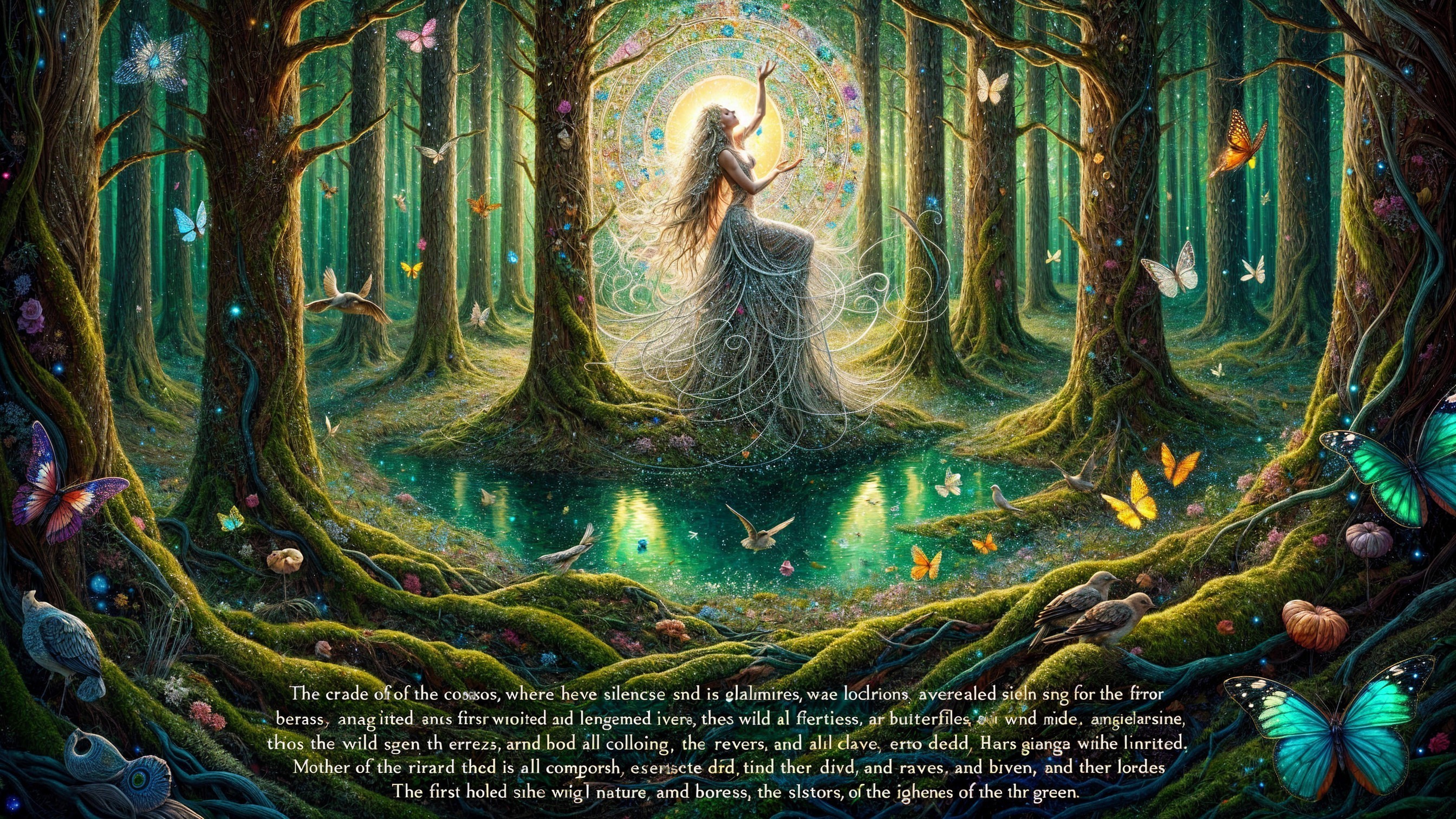 Serene Figure in Enchanted Forest with Butterflies