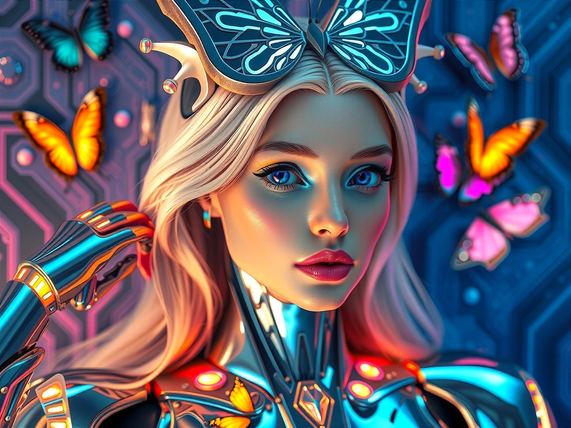 Human-Robotic Figure Surrounded by Butterflies and Circuits
