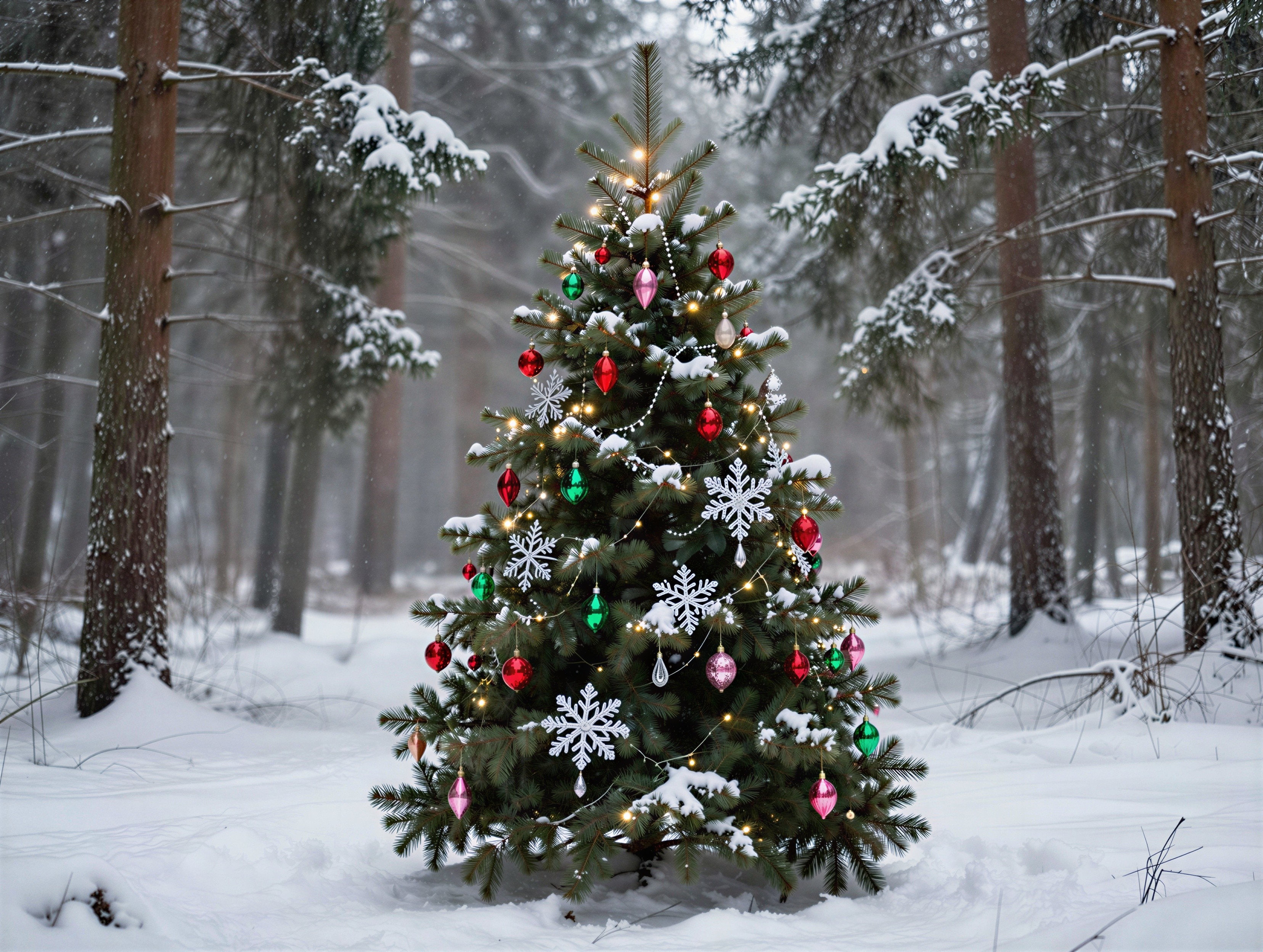 Christmas Tree in Snowy Forest with Ornaments and Lights