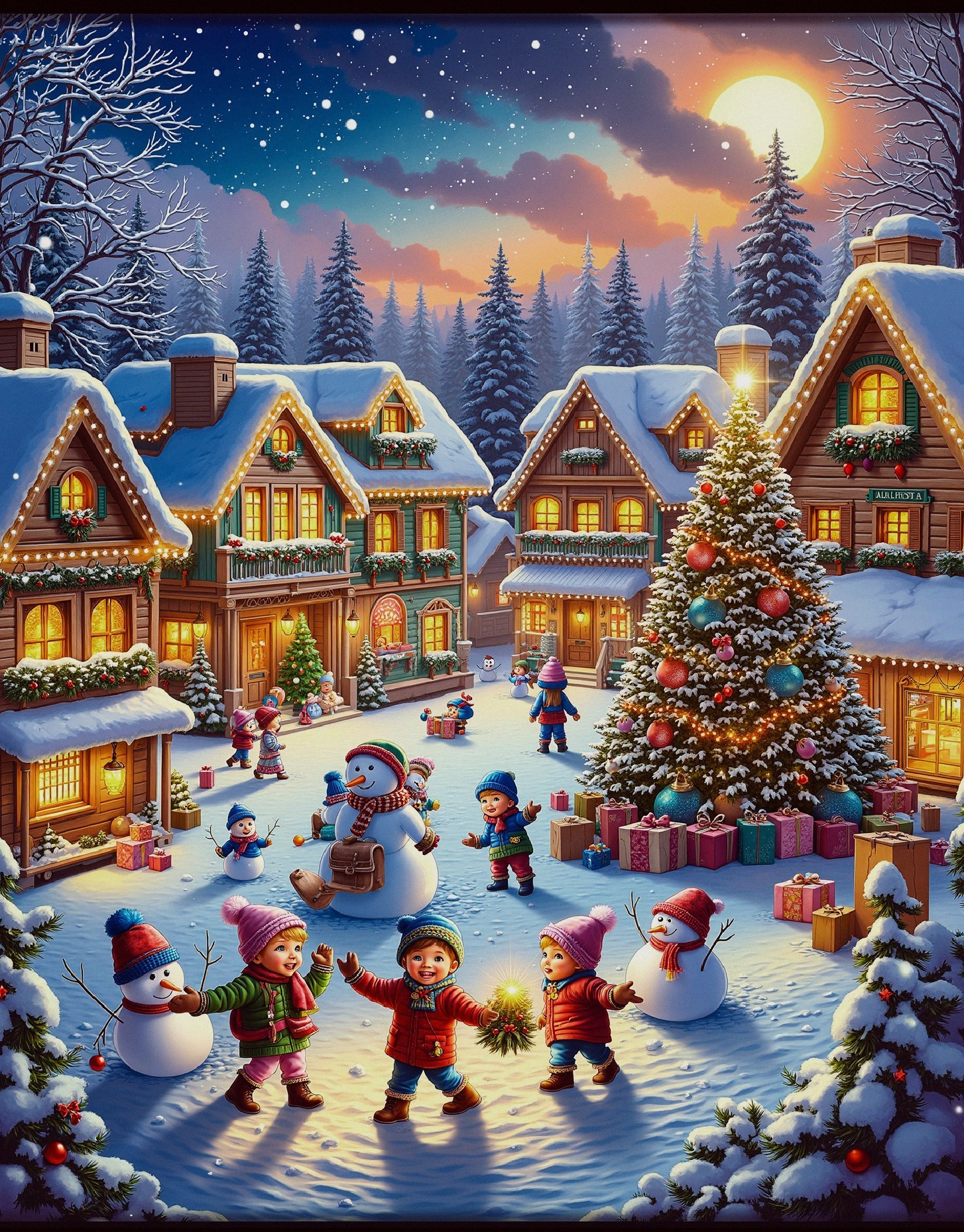 Winter Village with Snow, Lights, and Christmas Tree
