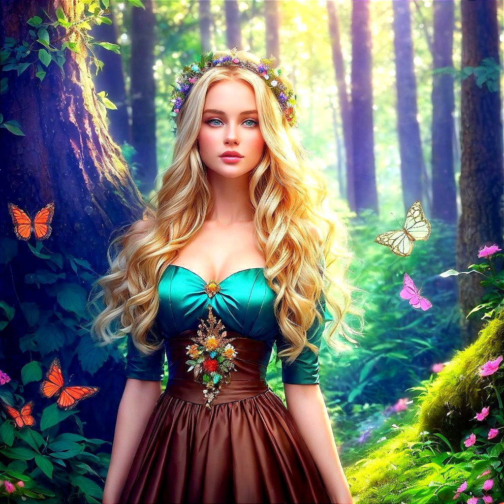 Young woman in vibrant forest with floral crown