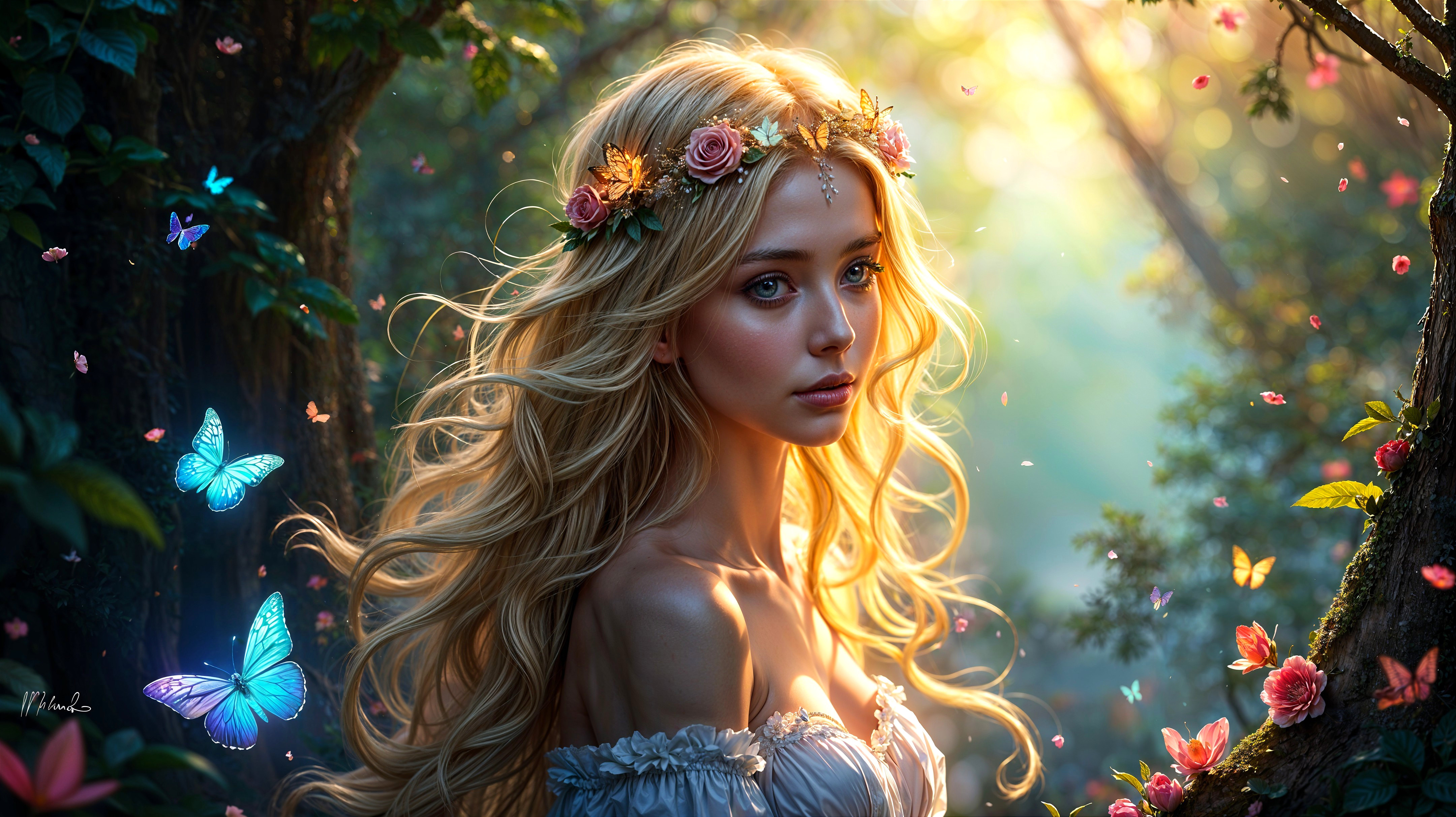 Enchanted Forest Scene with a Young Woman and Butterflies