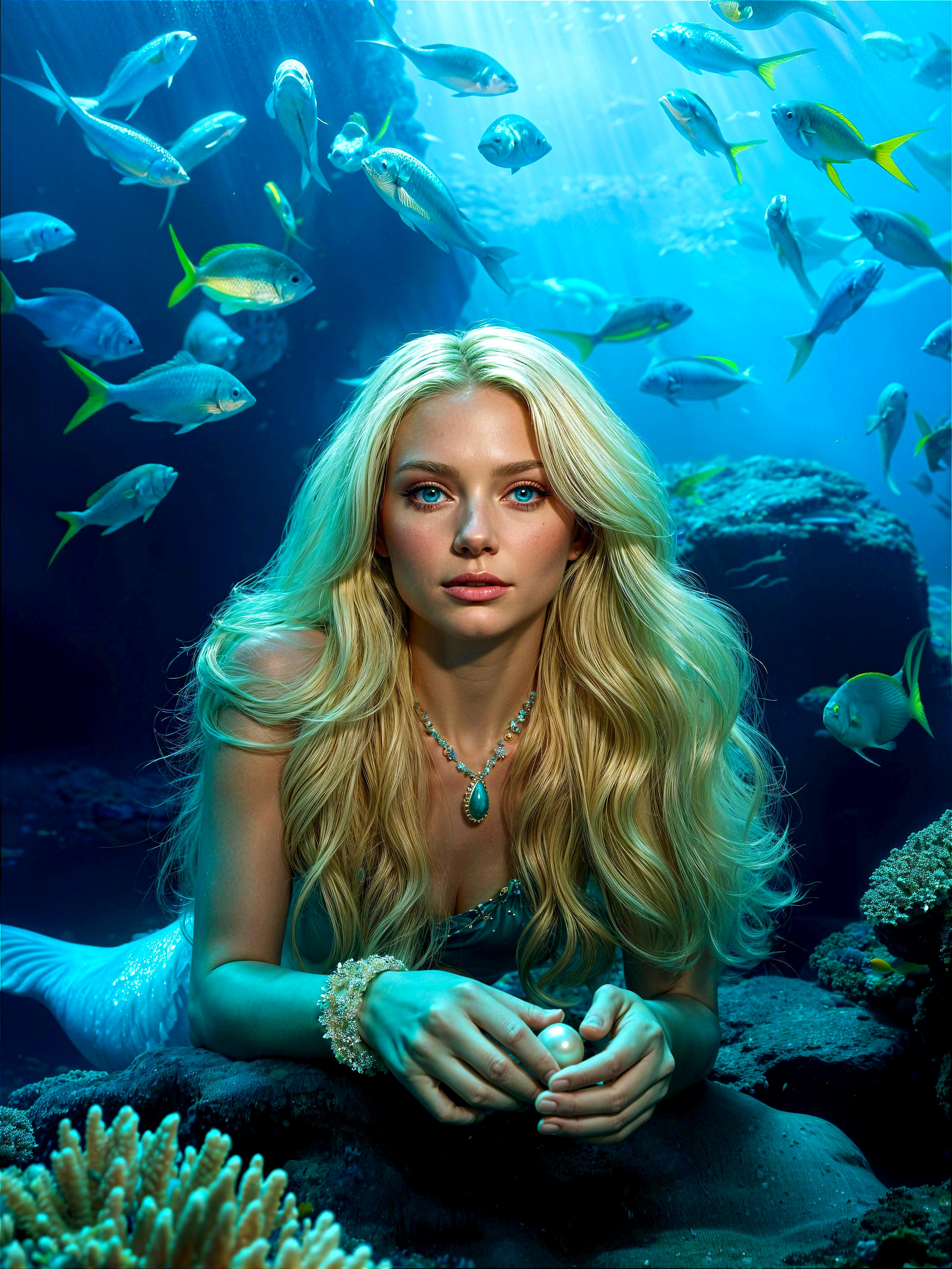 Underwater Scene with Serene Mermaid and Vibrant Fish