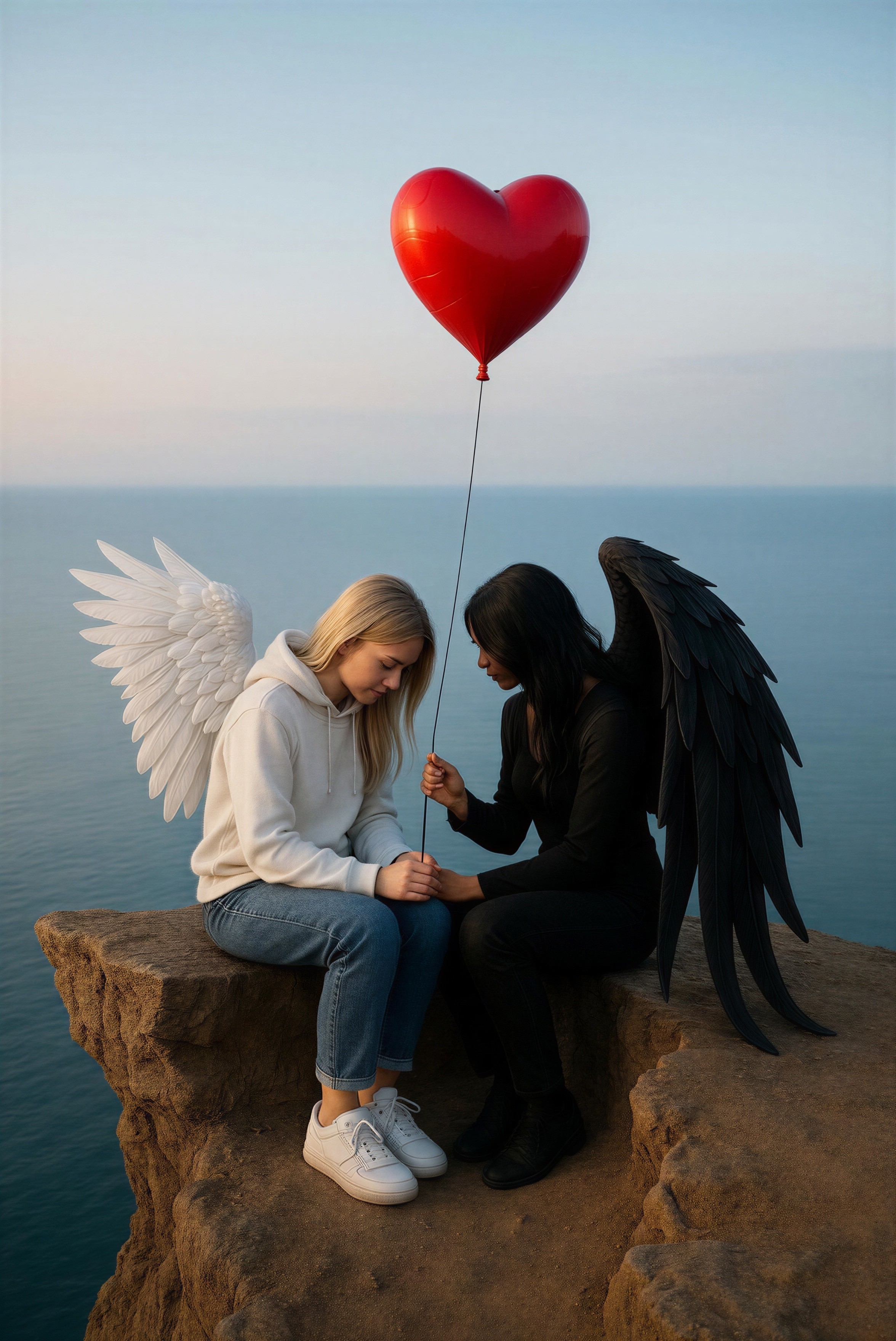 Women with Wings on Cliff Overlooking Calm Sea