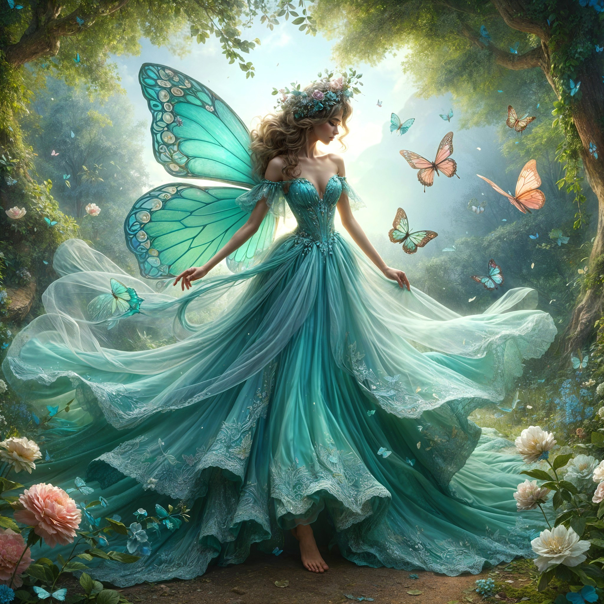 Fairy in Turquoise Gown Surrounded by Nature's Beauty