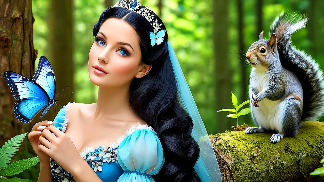 Young woman in blue gown amid lush forest scenery