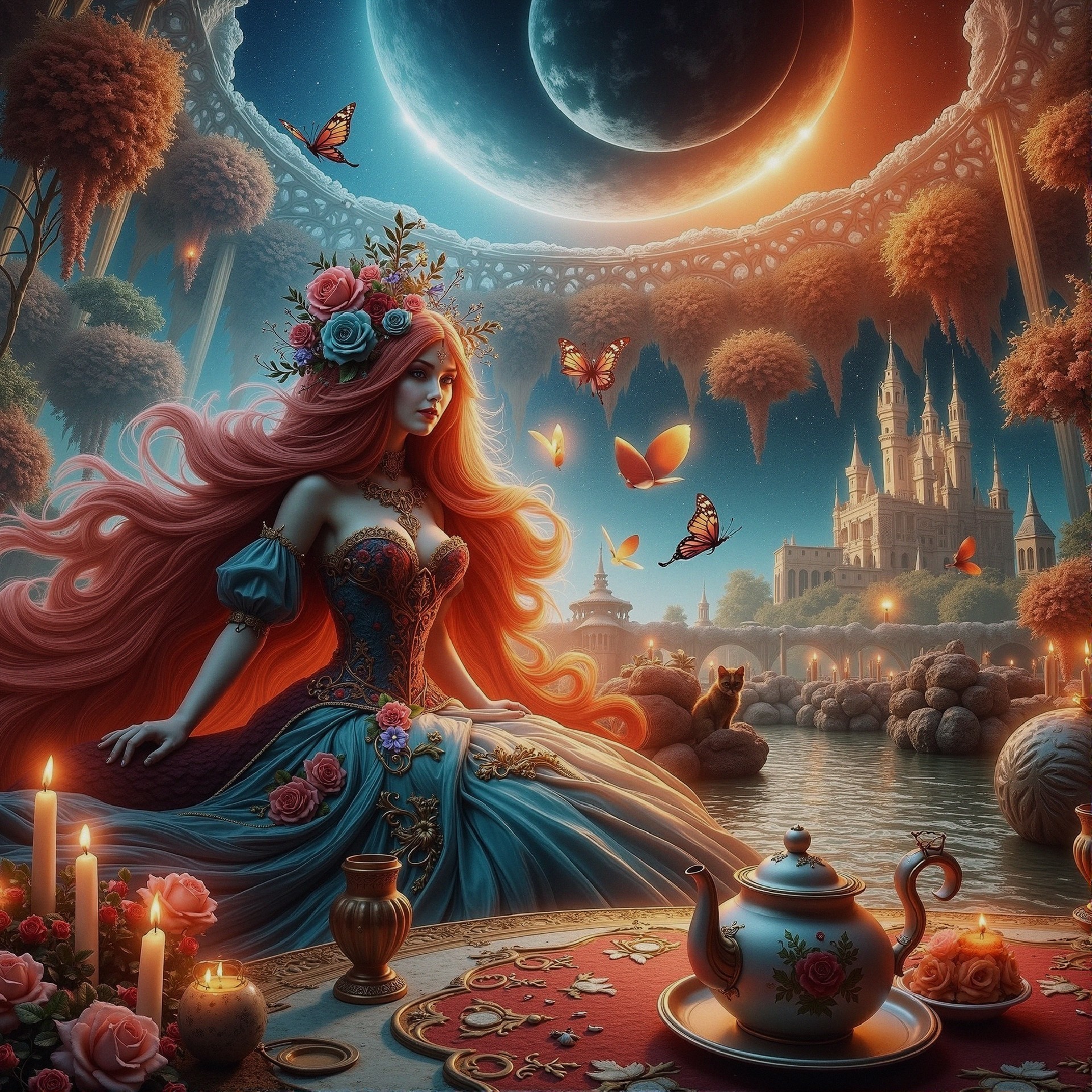 Red-haired woman by serene lake in magical landscape