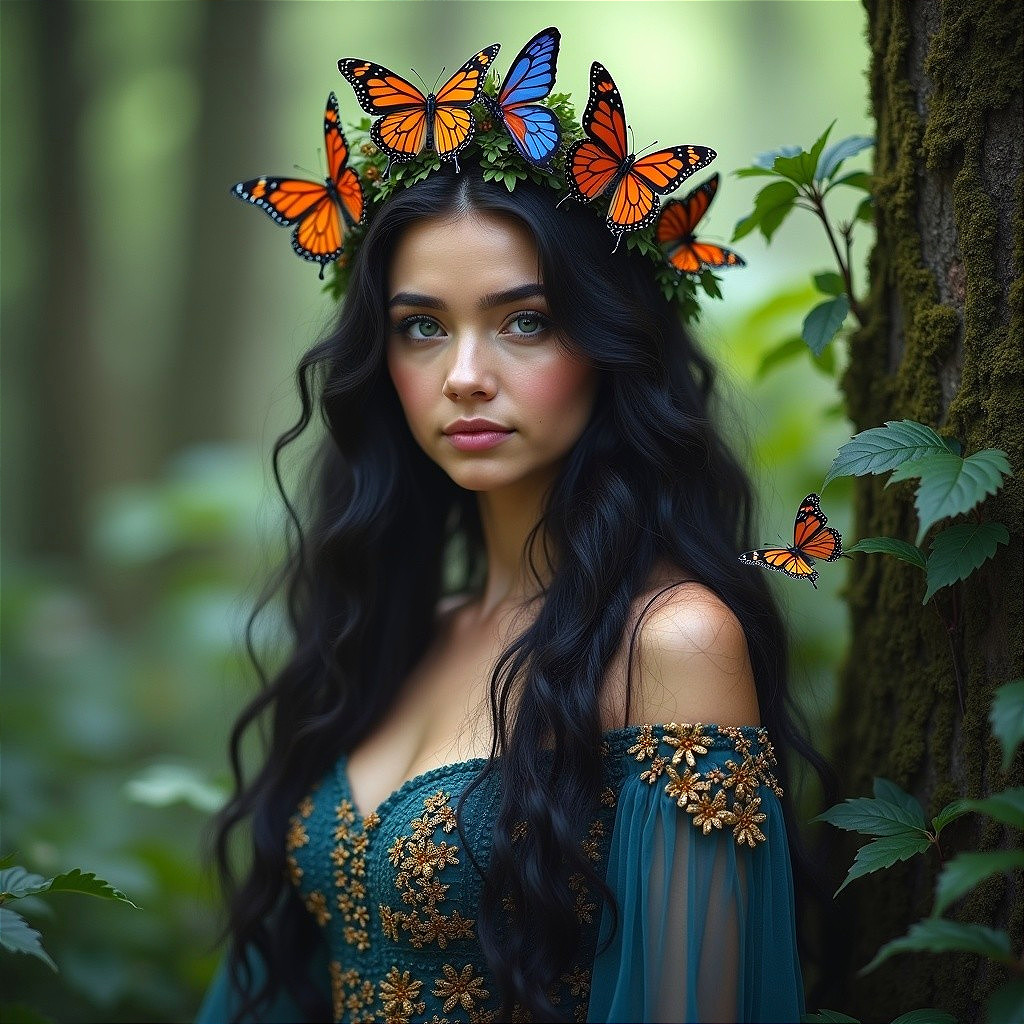 Young woman in teal dress with butterflies in forest
