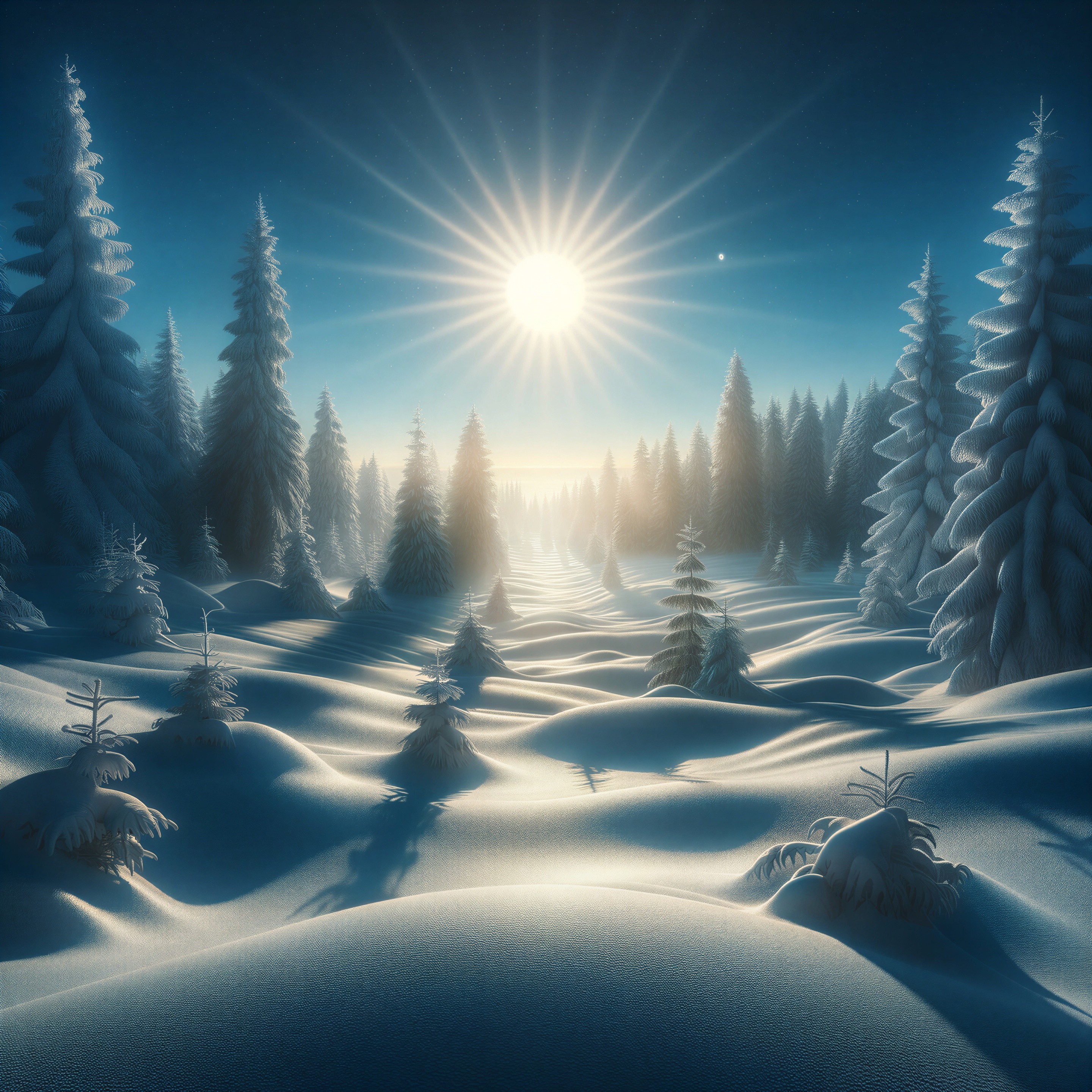 Winter Landscape with Snowy Hills and Pine Trees