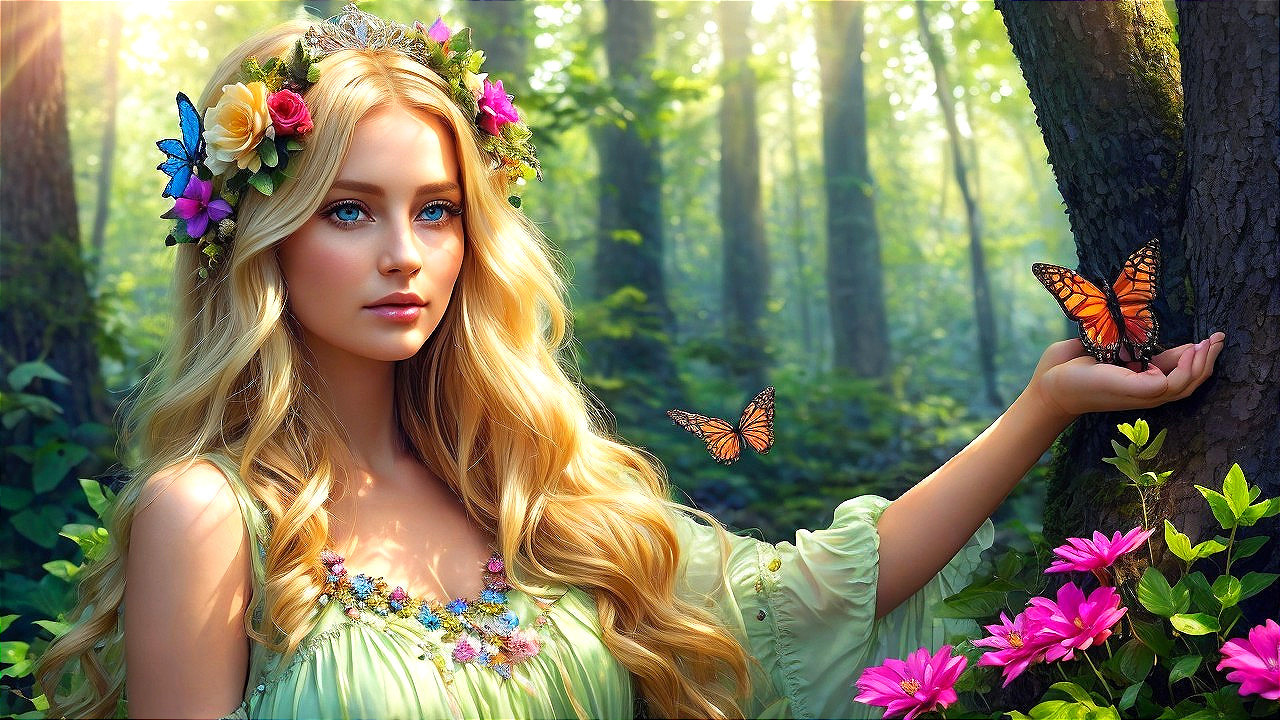 Serene forest scene with a woman in floral attire