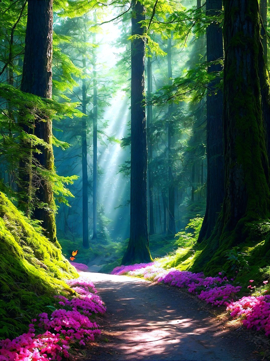 Serene Forest Path with Sunlight and Vibrant Flowers