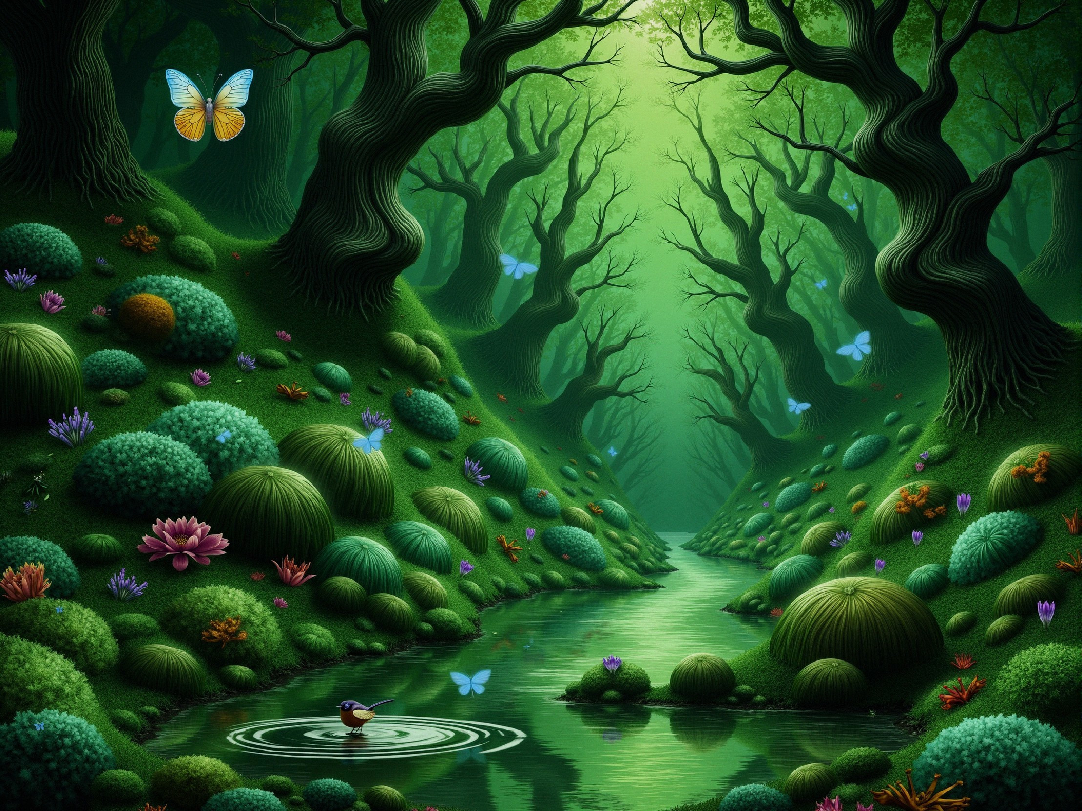 Enchanting Forest Scene with Stream and Wildlife