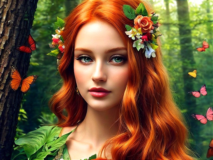 Young Woman in Enchanted Forest with Butterflies