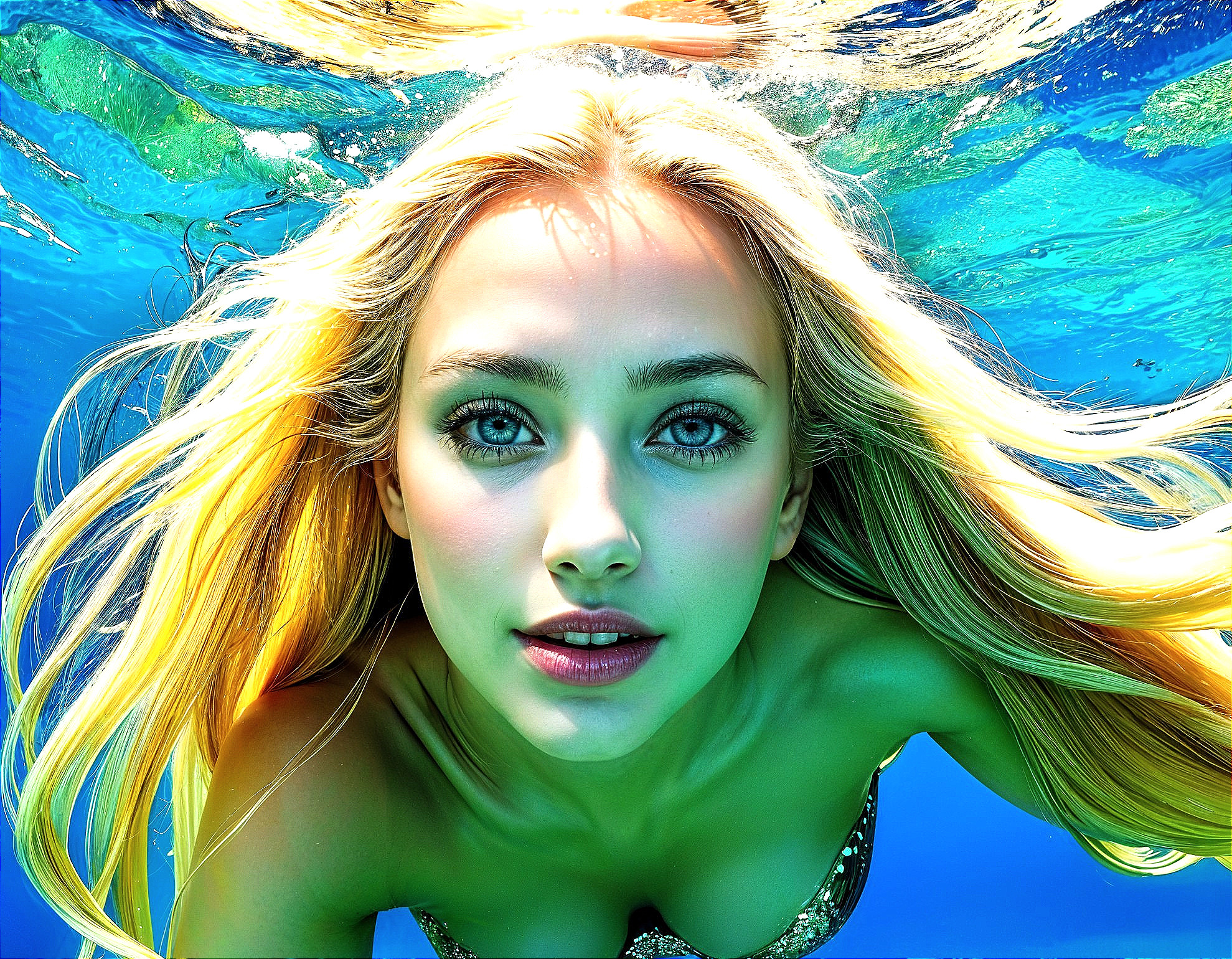 Underwater Scene of a Woman with Blonde Hair and Blue Eyes