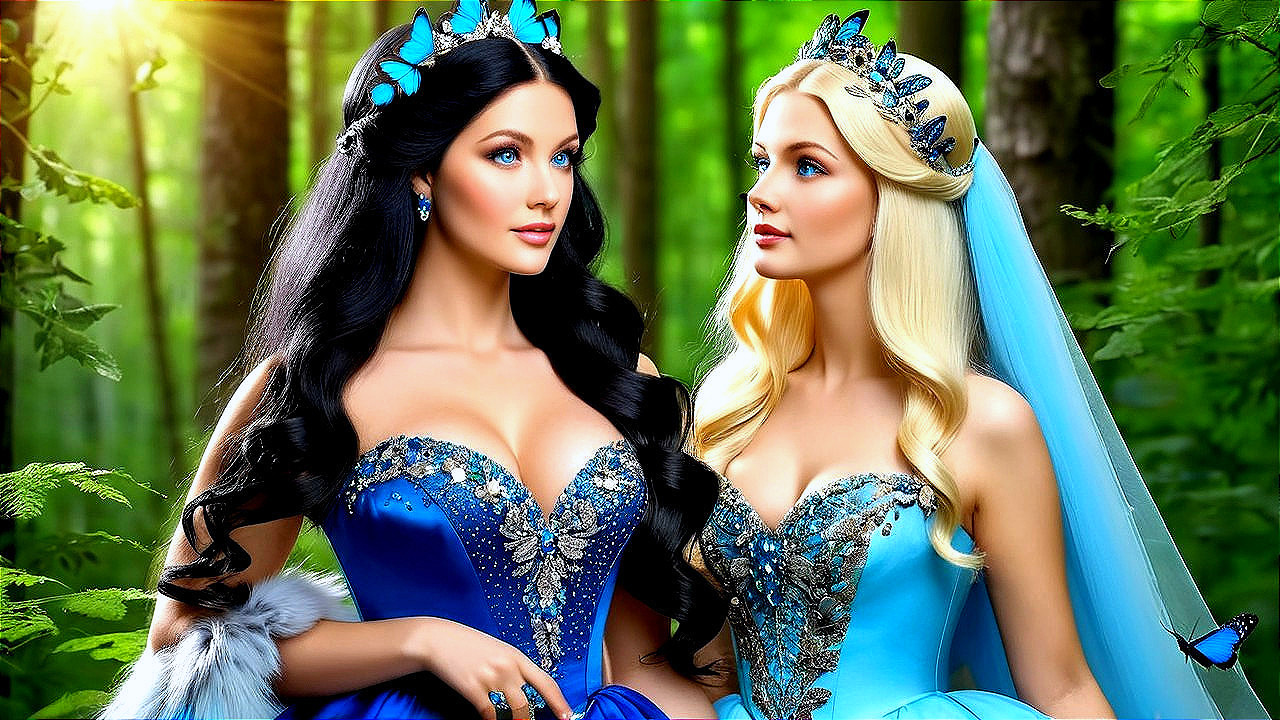 Elegant Women in Gowns Amidst Lush Forest Setting
