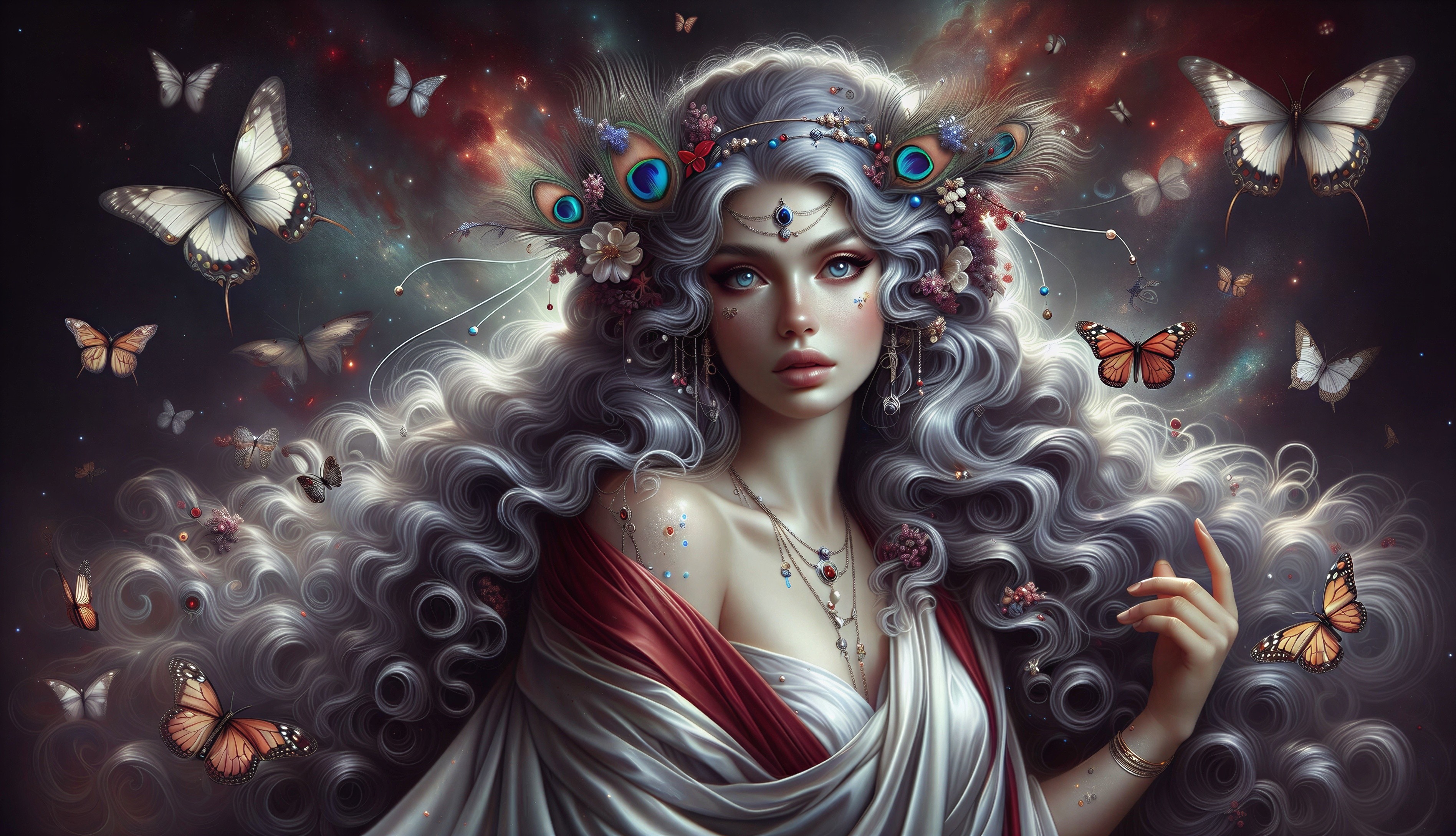 Mystical figure with silver hair and vibrant butterflies