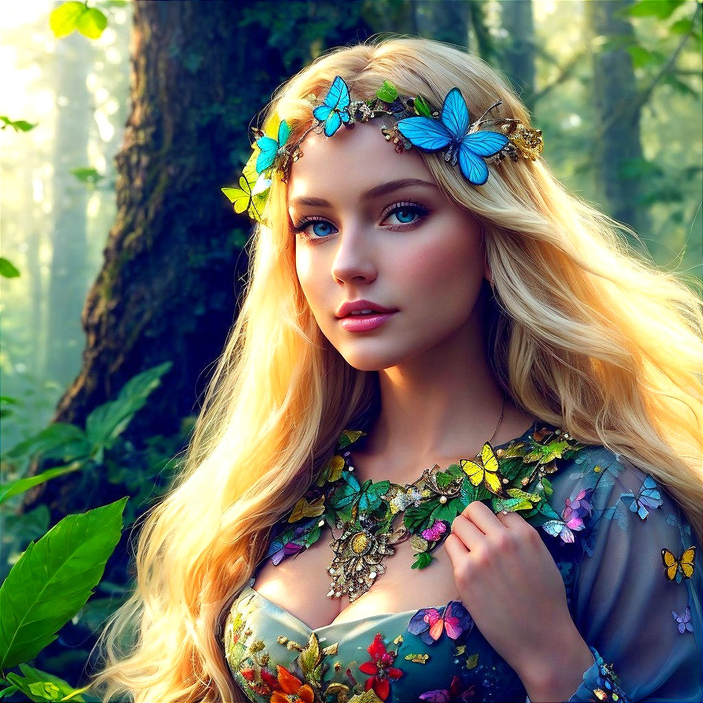 Young Woman in Enchanted Forest with Butterflies