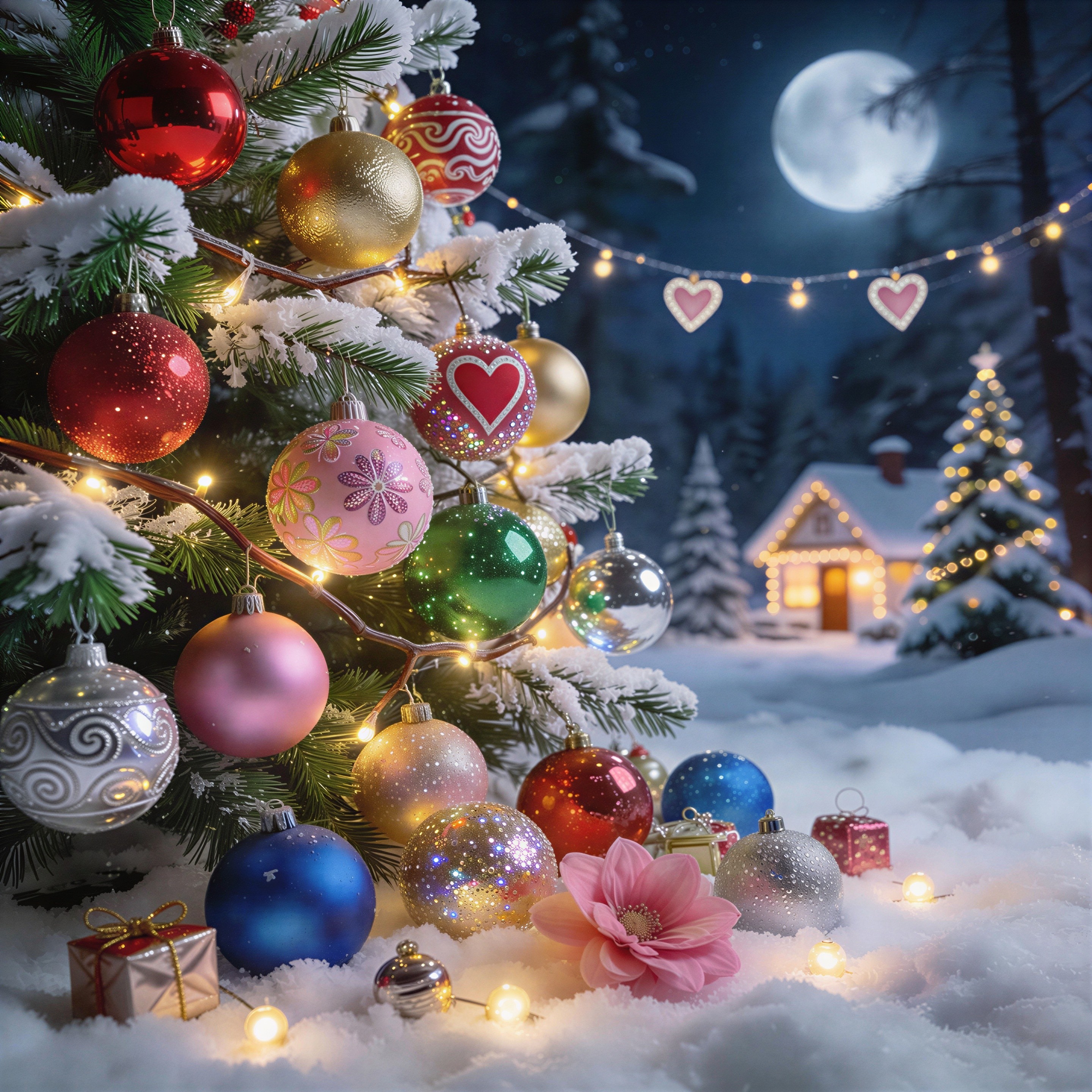Vibrant Christmas Tree with Colorful Ornaments and Snow