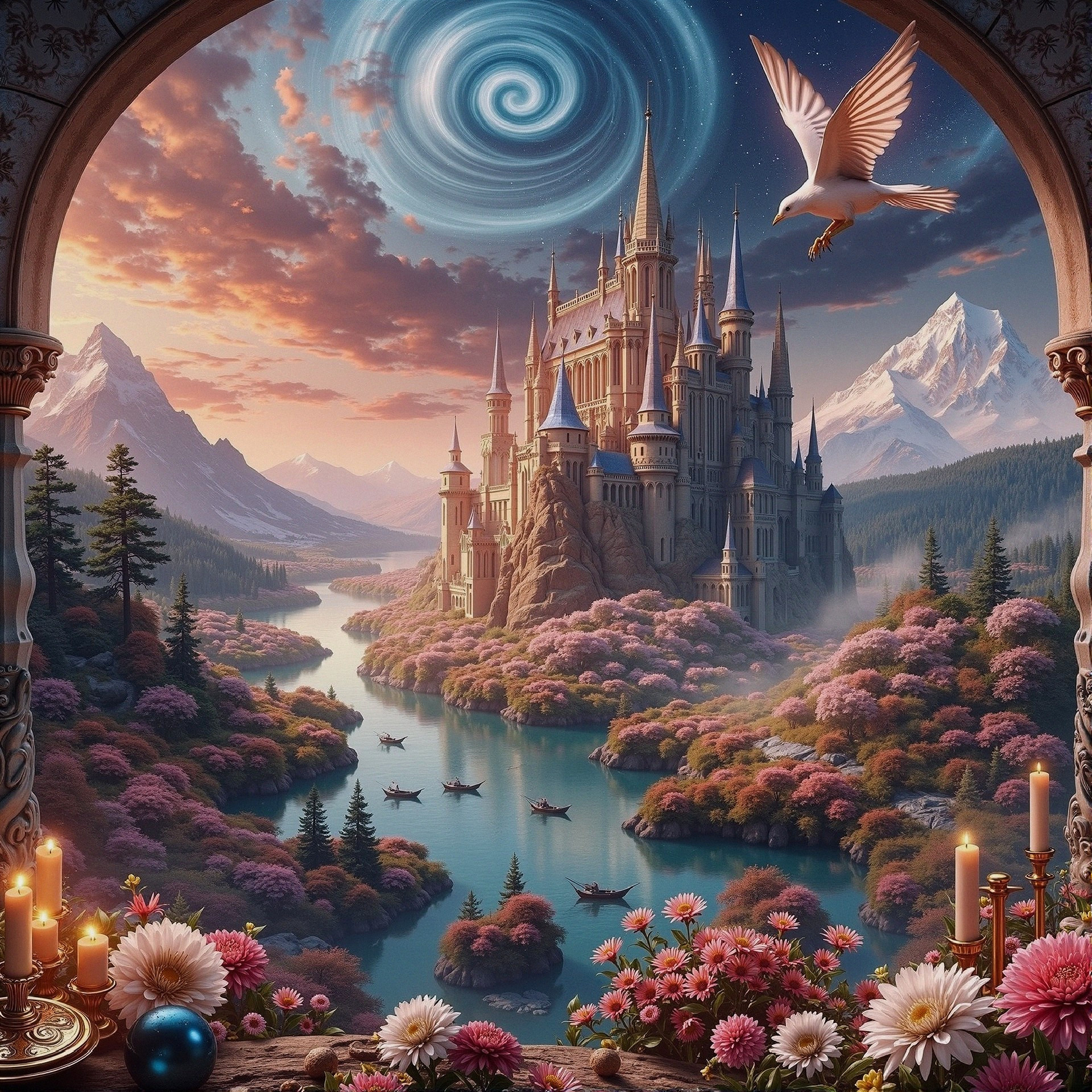 Castle on a Hill Surrounded by Blossoms and Mountains
