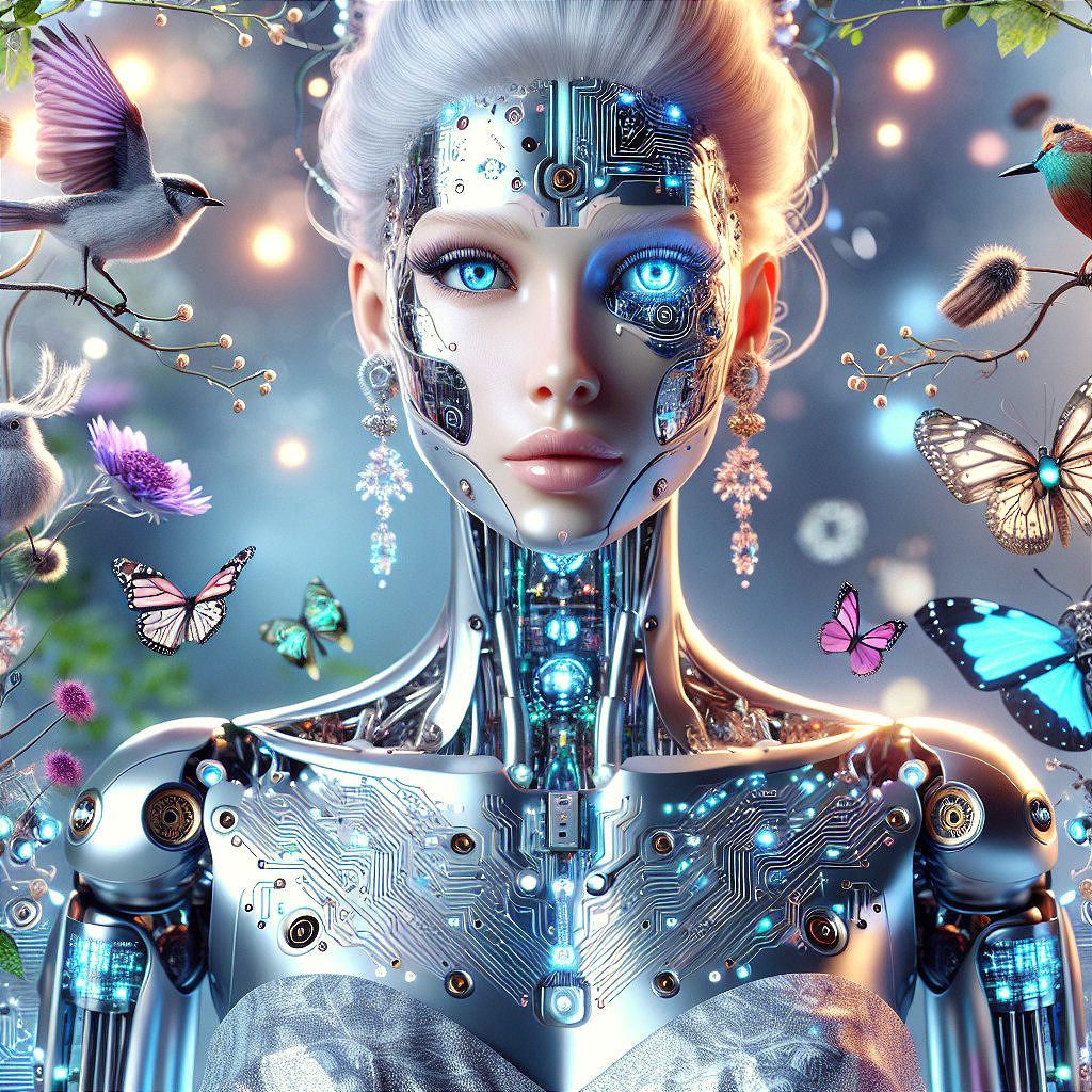 Futuristic humanoid robot in nature's vibrant setting